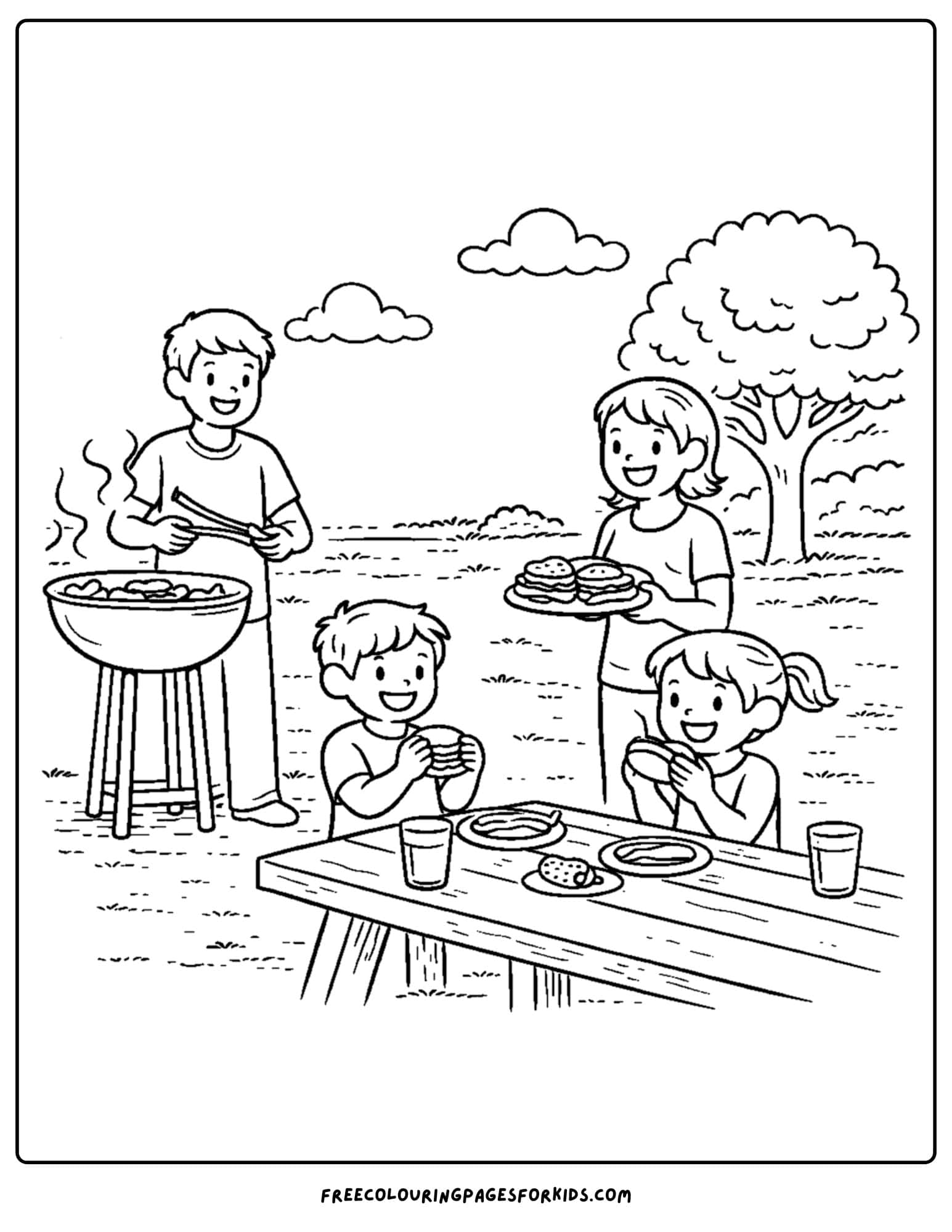 a summer theme coloring page of a backyard bbq with dad cooking on the bbq and mum and the kids at the table