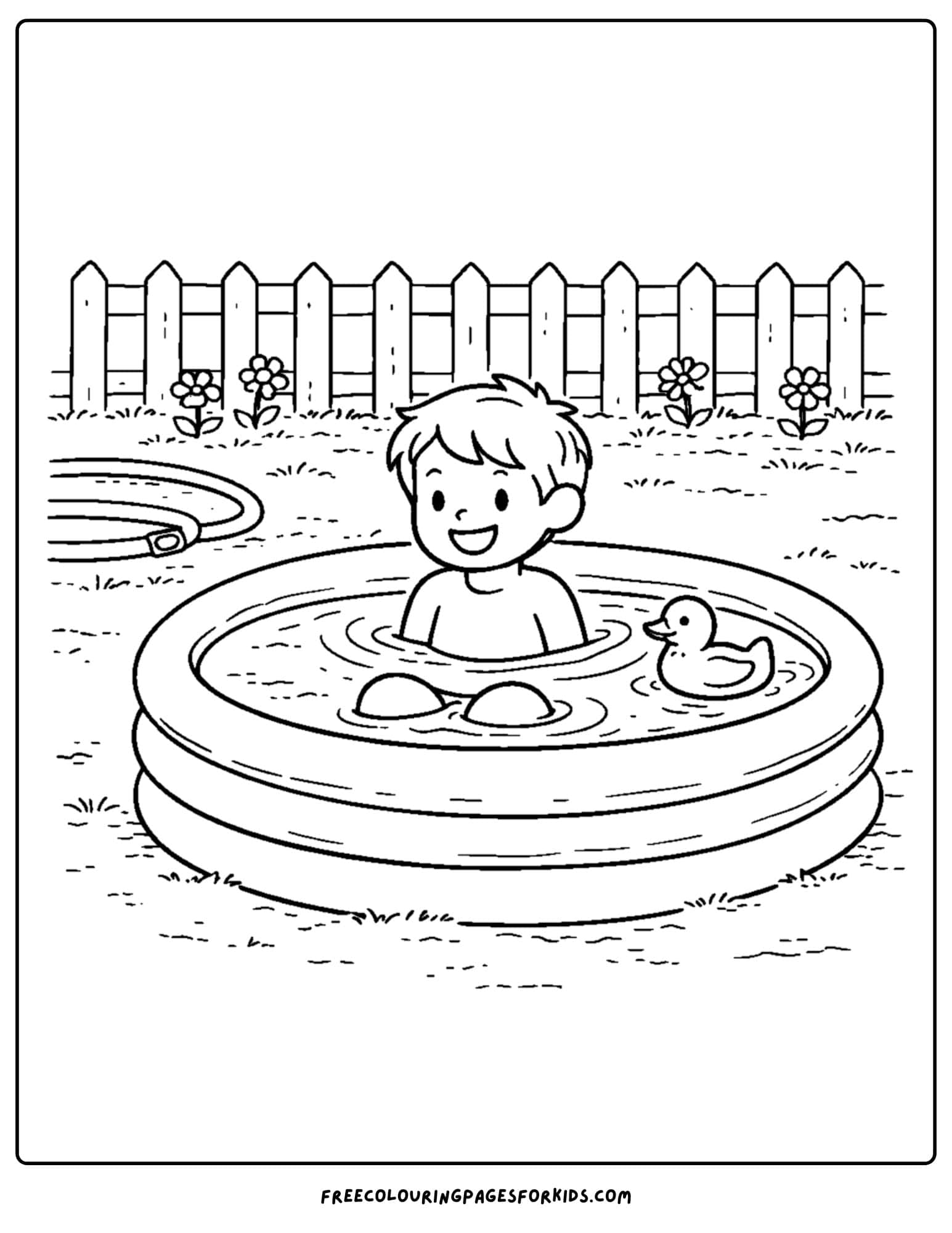 a summer theme coloring page of a child cooling off in a backyard kiddie pool