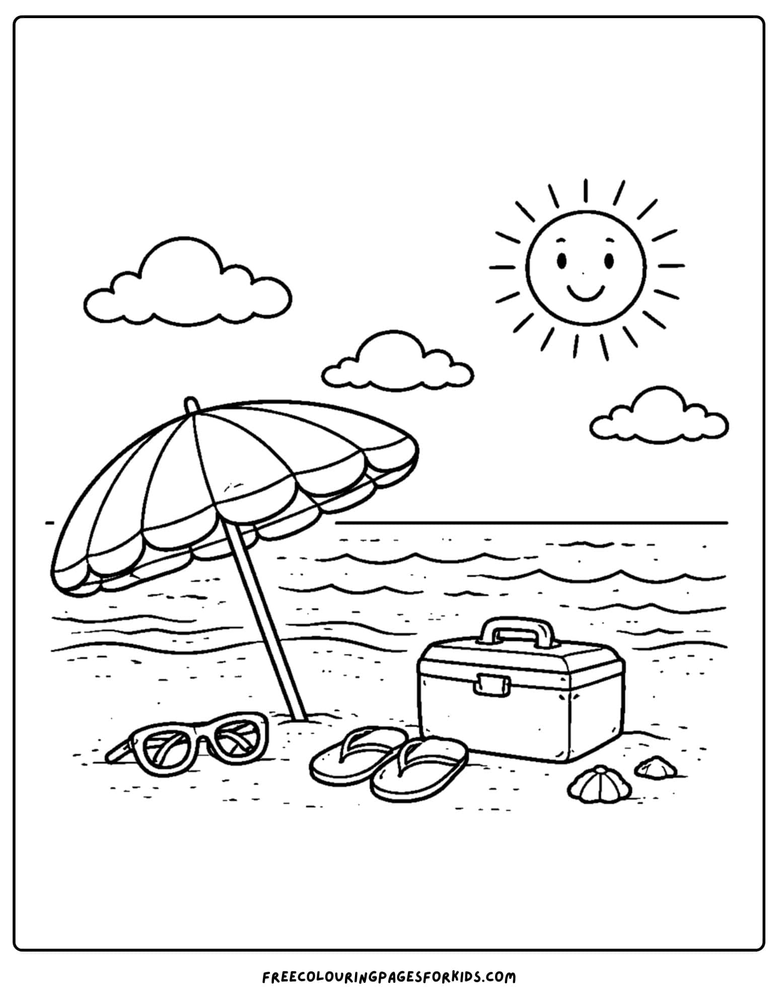a summer theme coloring page of a beach umbrella and gear on the beacch
