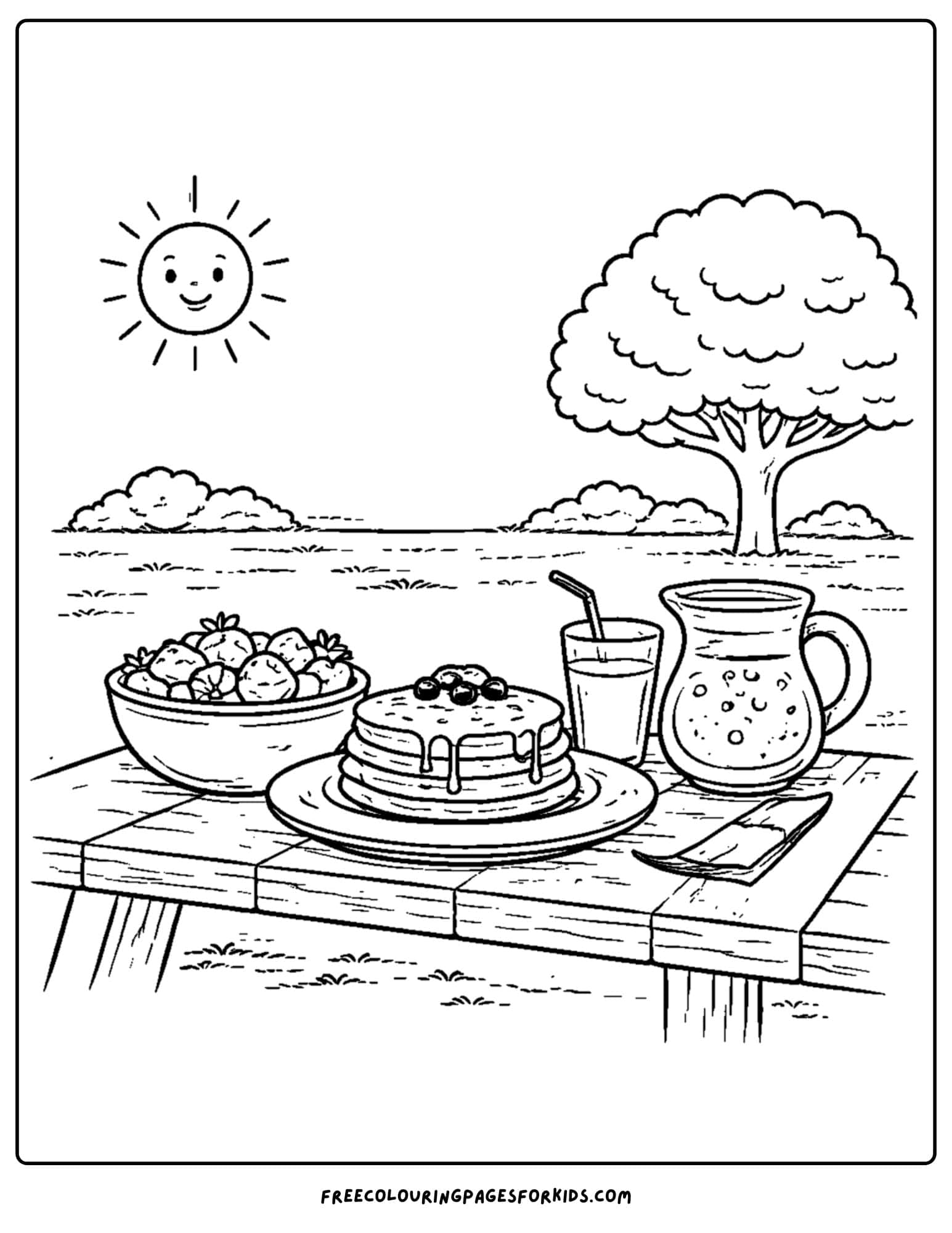 a summer theme coloring page of a breakfast picnic scene on a sunny morning