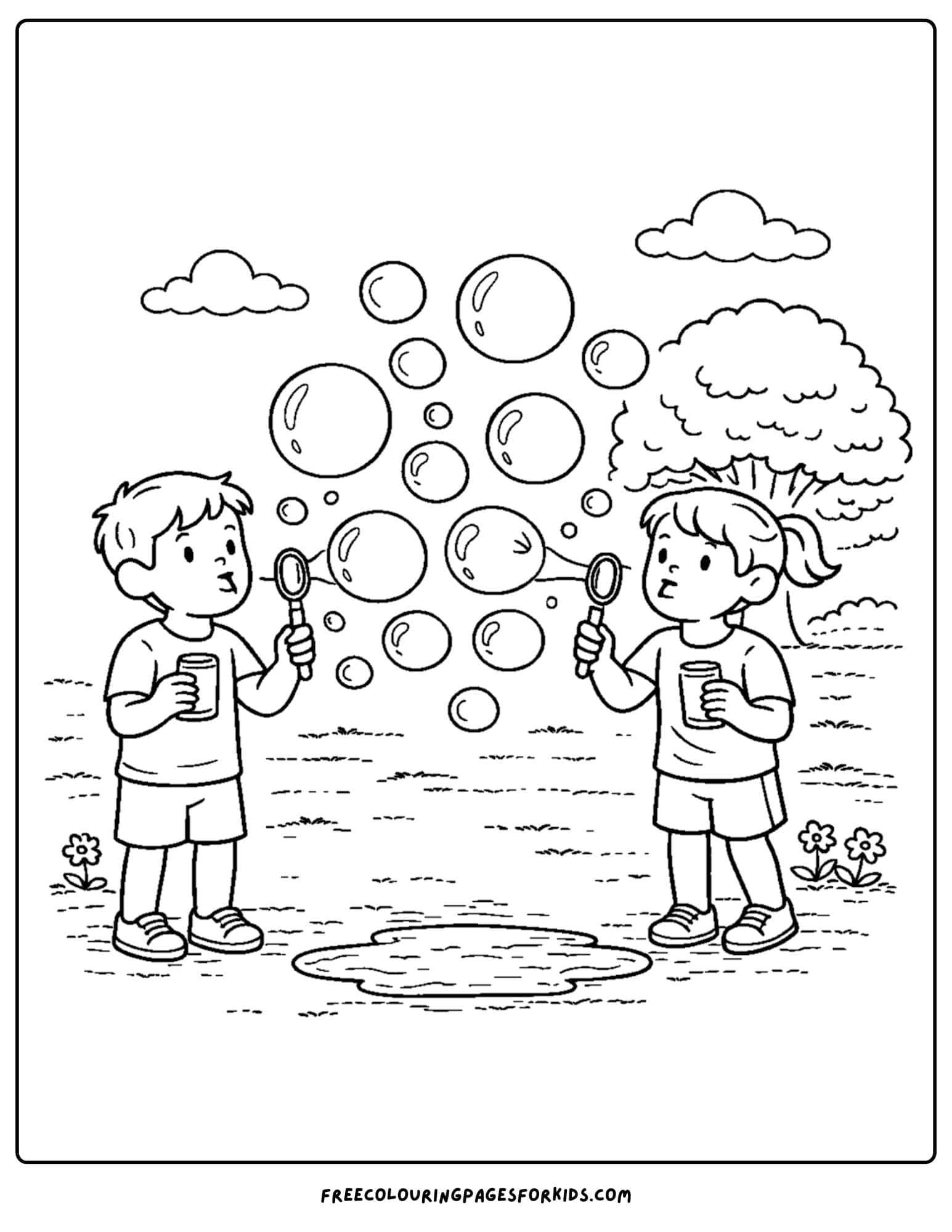 a summer theme coloring page of kids blowing bubbles