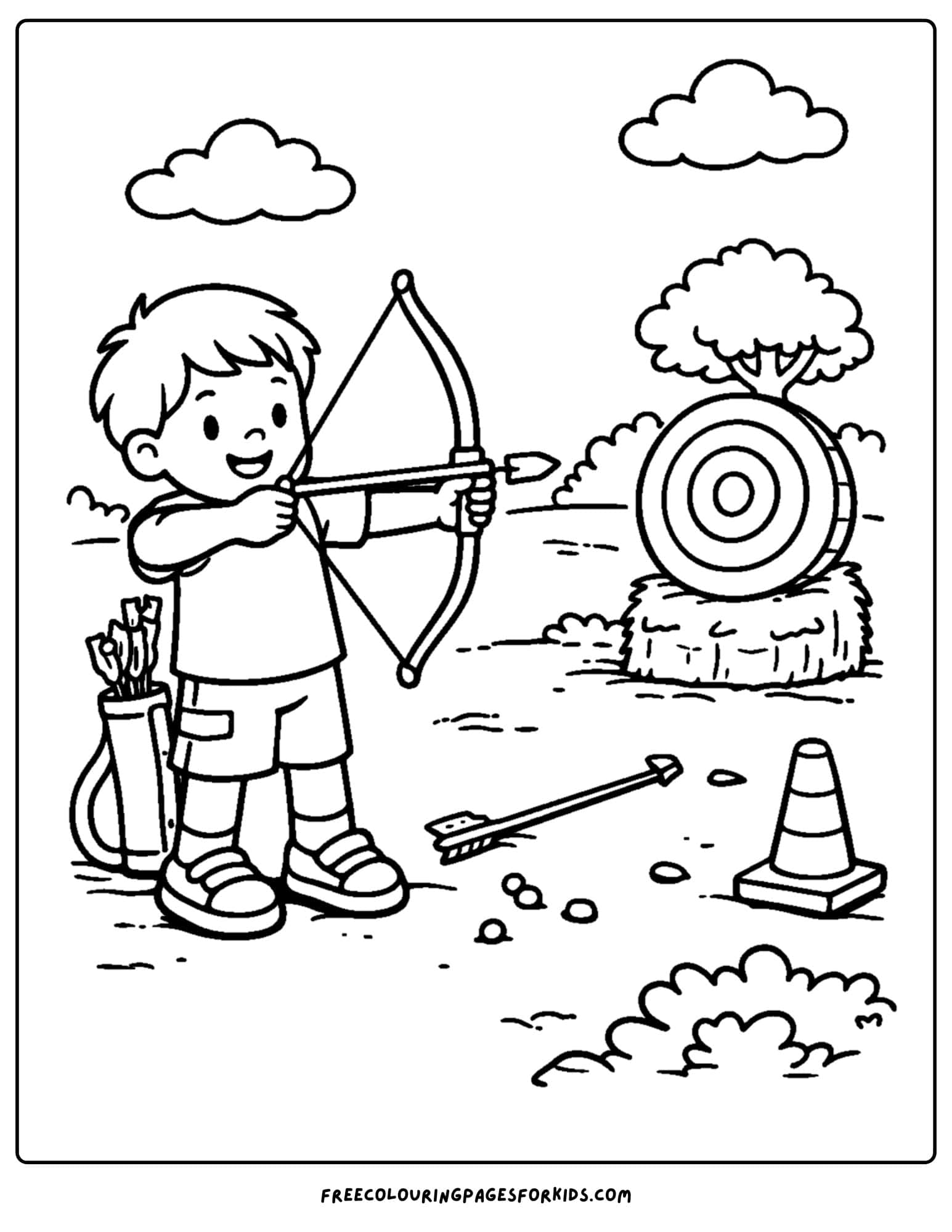 a summer camp coloring page showing archery practice at camp with a child about to shoot an arrow