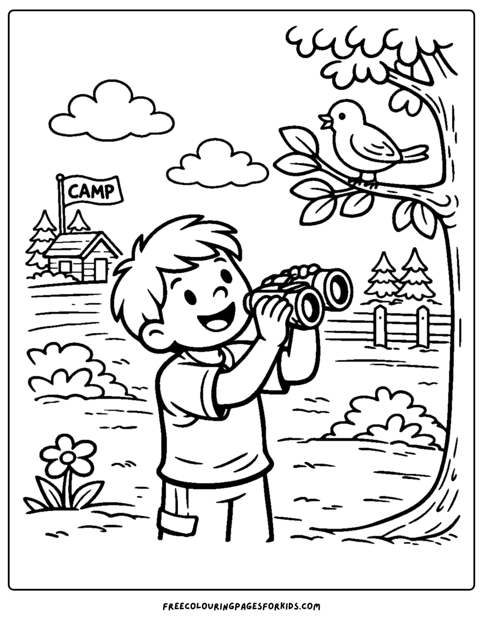a summer camp coloring page showing a child going bird watching with binoculars