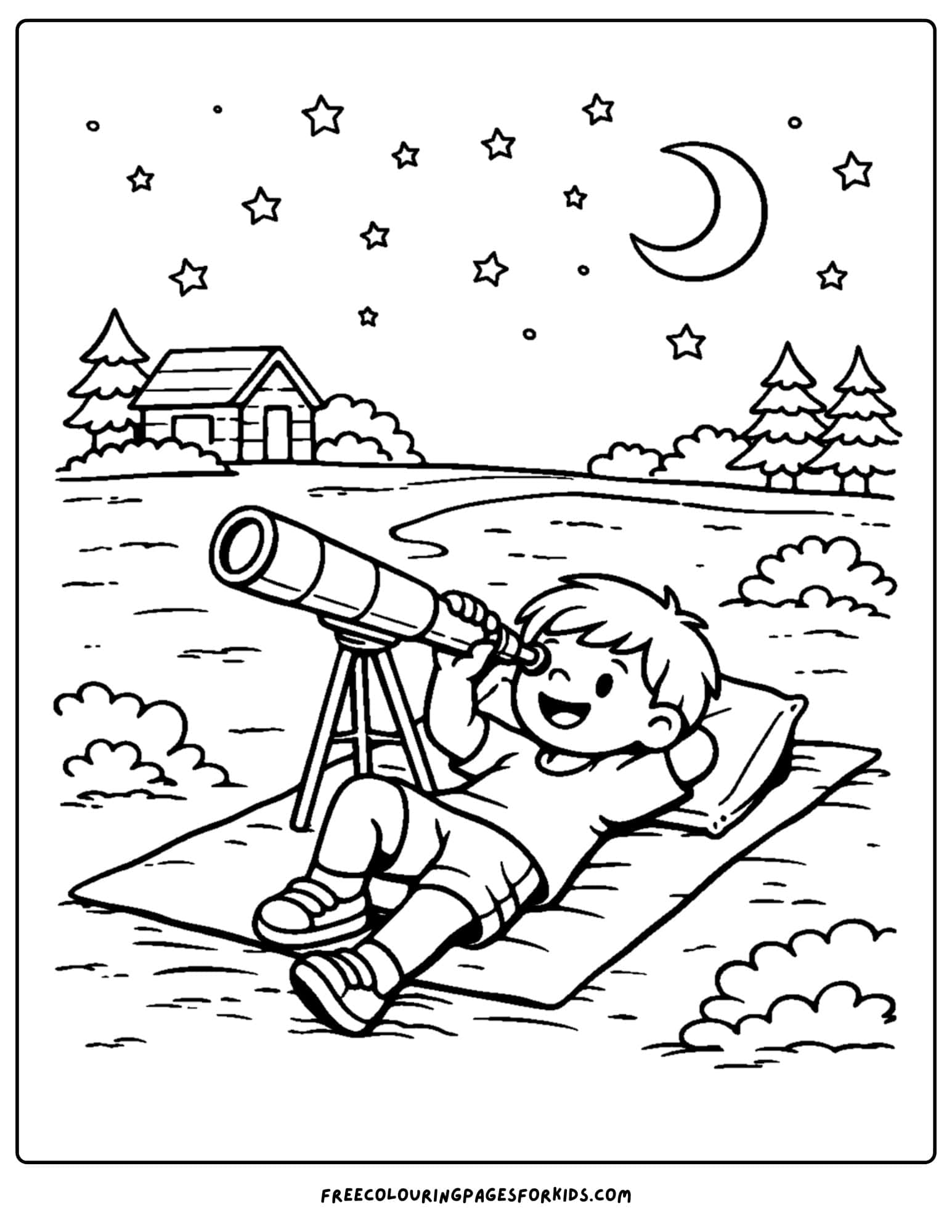 a summer camp coloring page showing a child laying on a blanket looking at the stars with a telescope