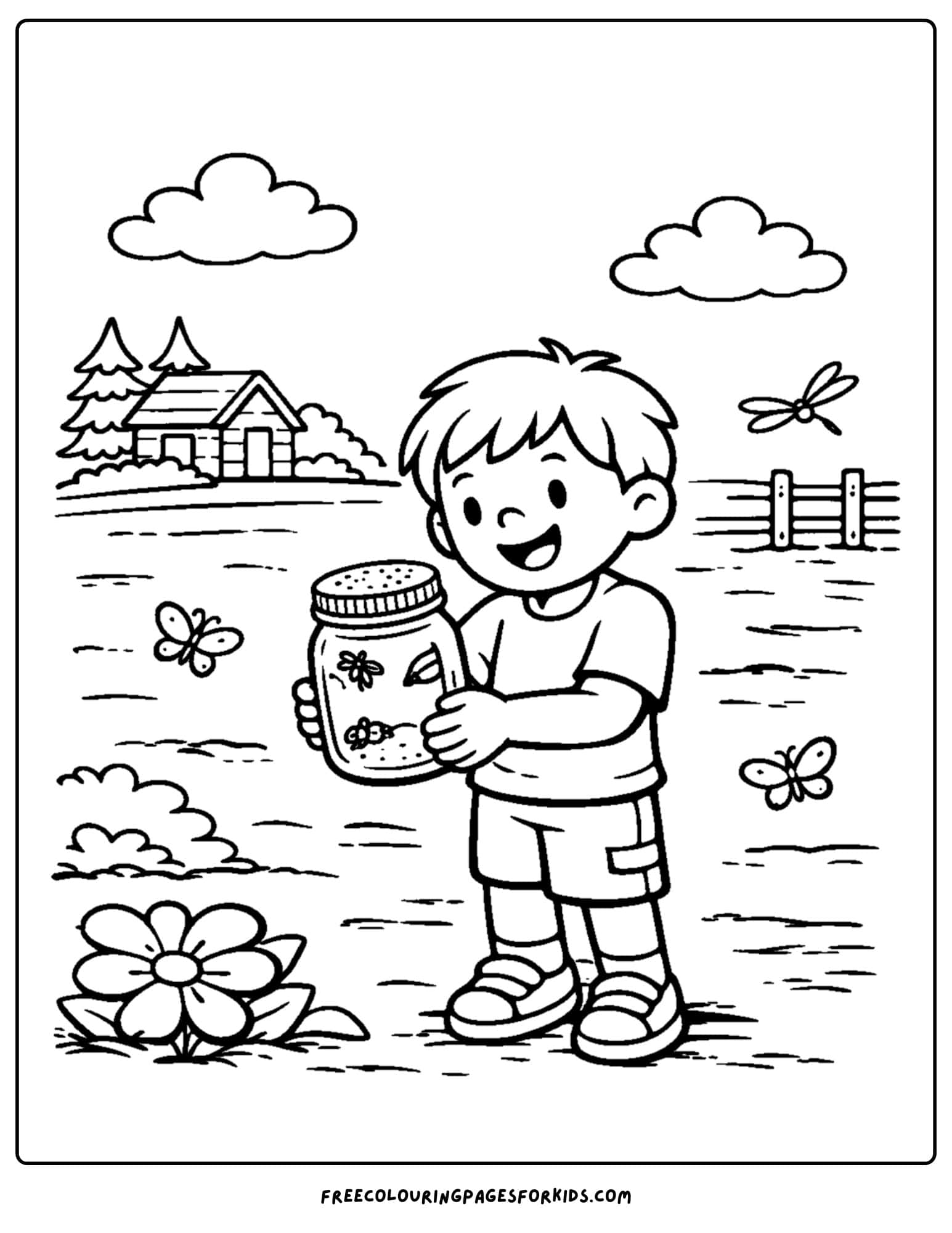 a summer camp coloring page showing a child catching bugs in a jar