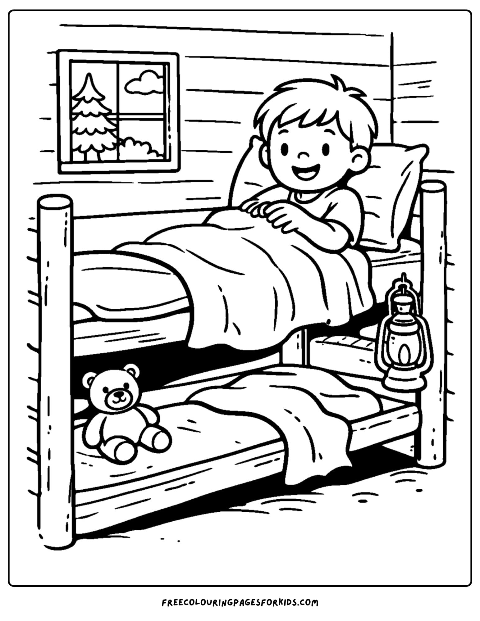 a summer camp coloring page showing a camp bunk bed setup with a kid in bed on the top bunk