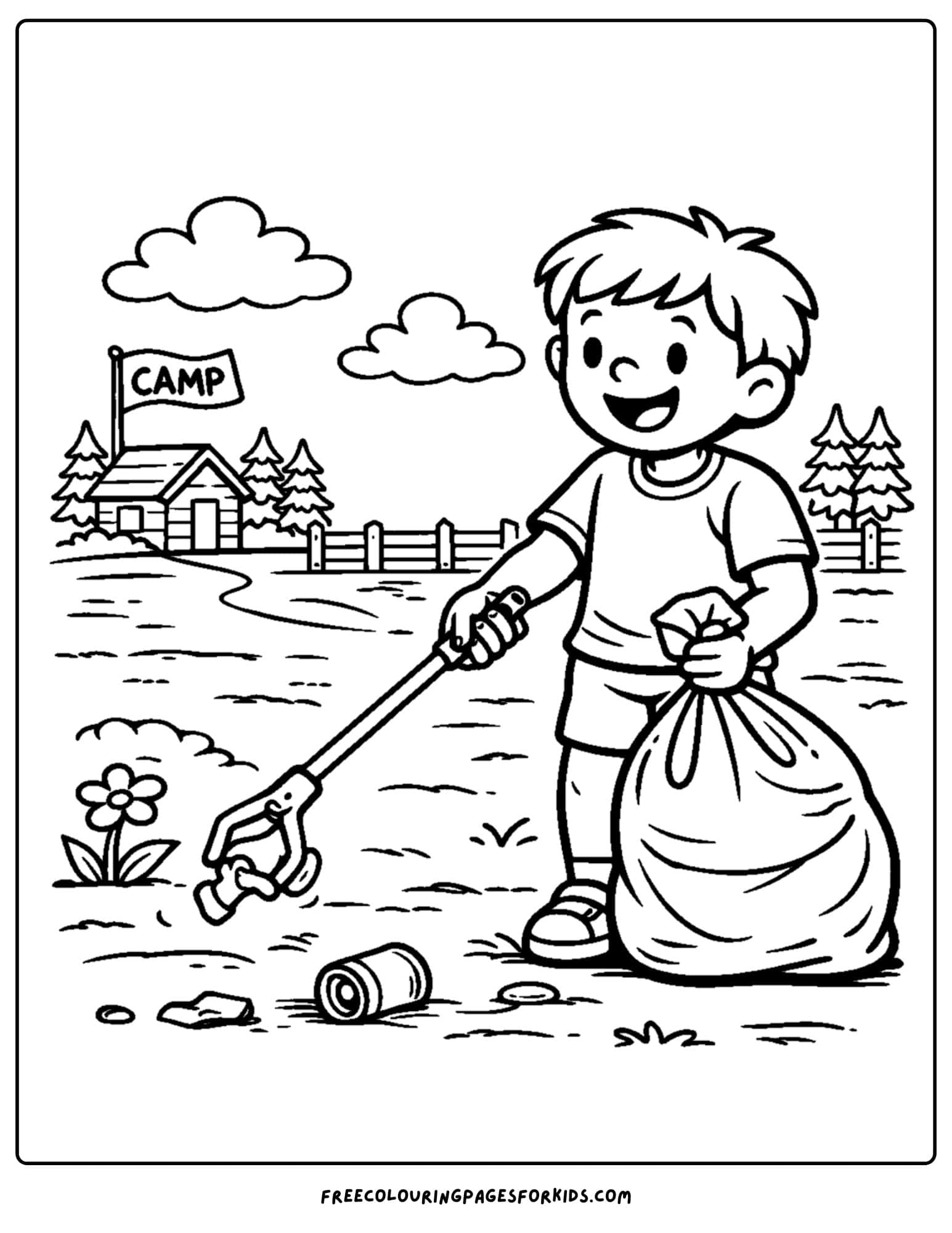 a summer camp coloring page showing a child cleaning up camp to keep rubbish put away