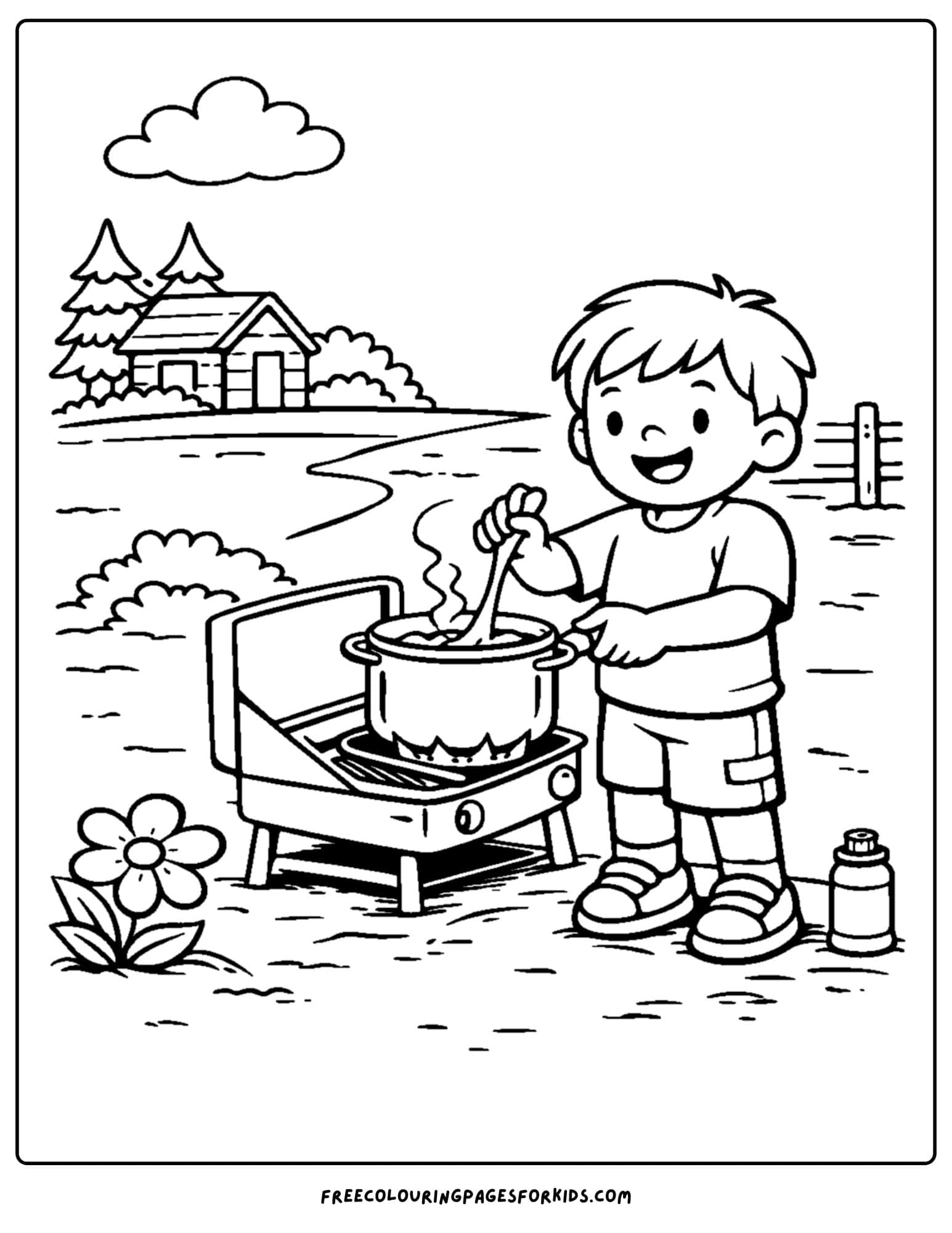a summer camp coloring page showing a cooking class making a meal on a camp stove