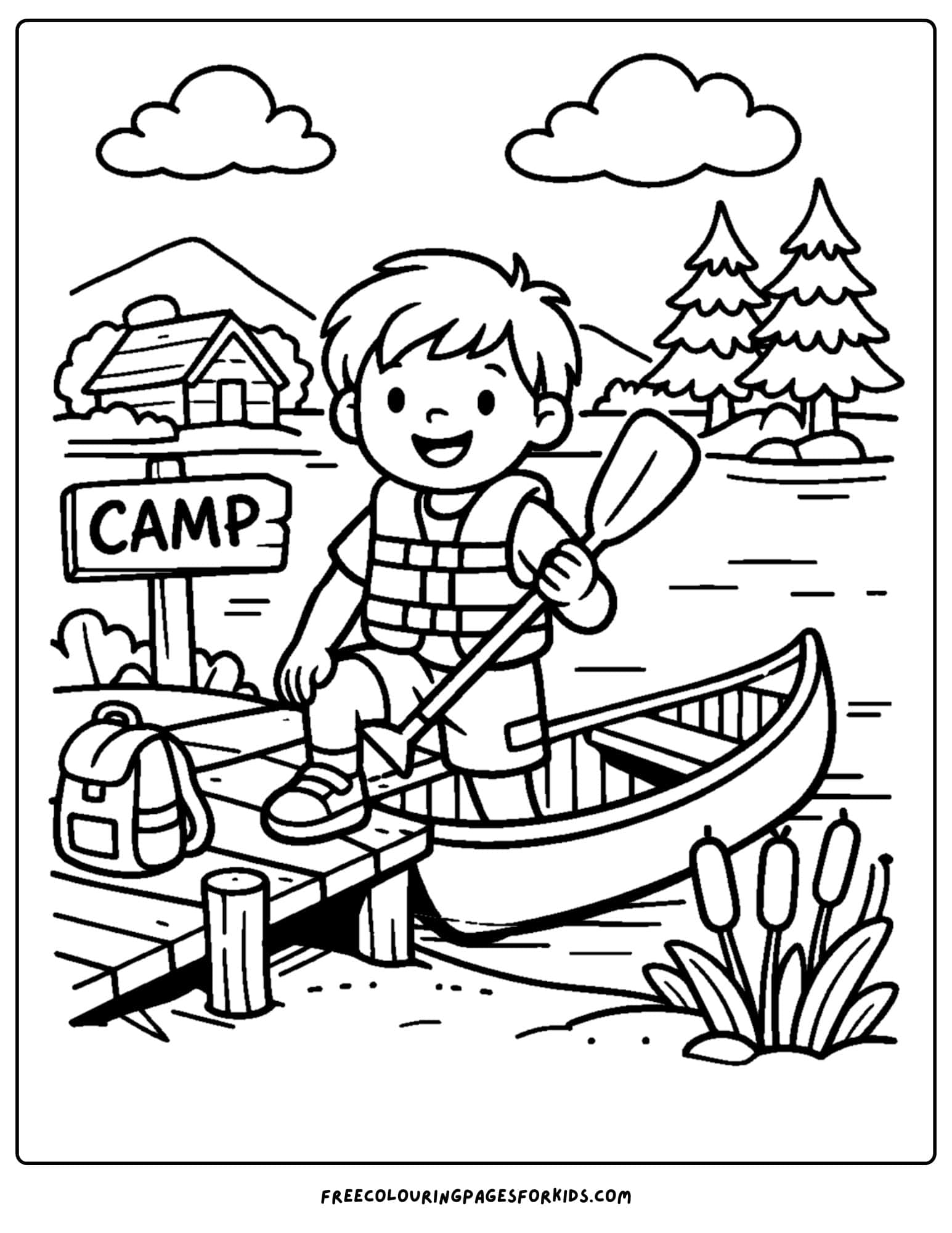 a summer camp coloring page showing a child docking a canoe after fun on the lake