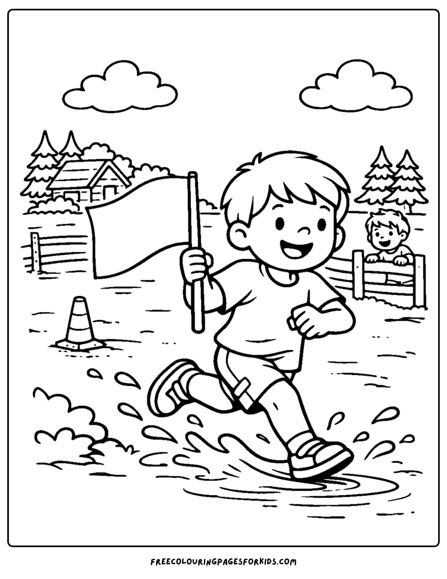a summer camp coloring page showing a game of capture the flag at camp