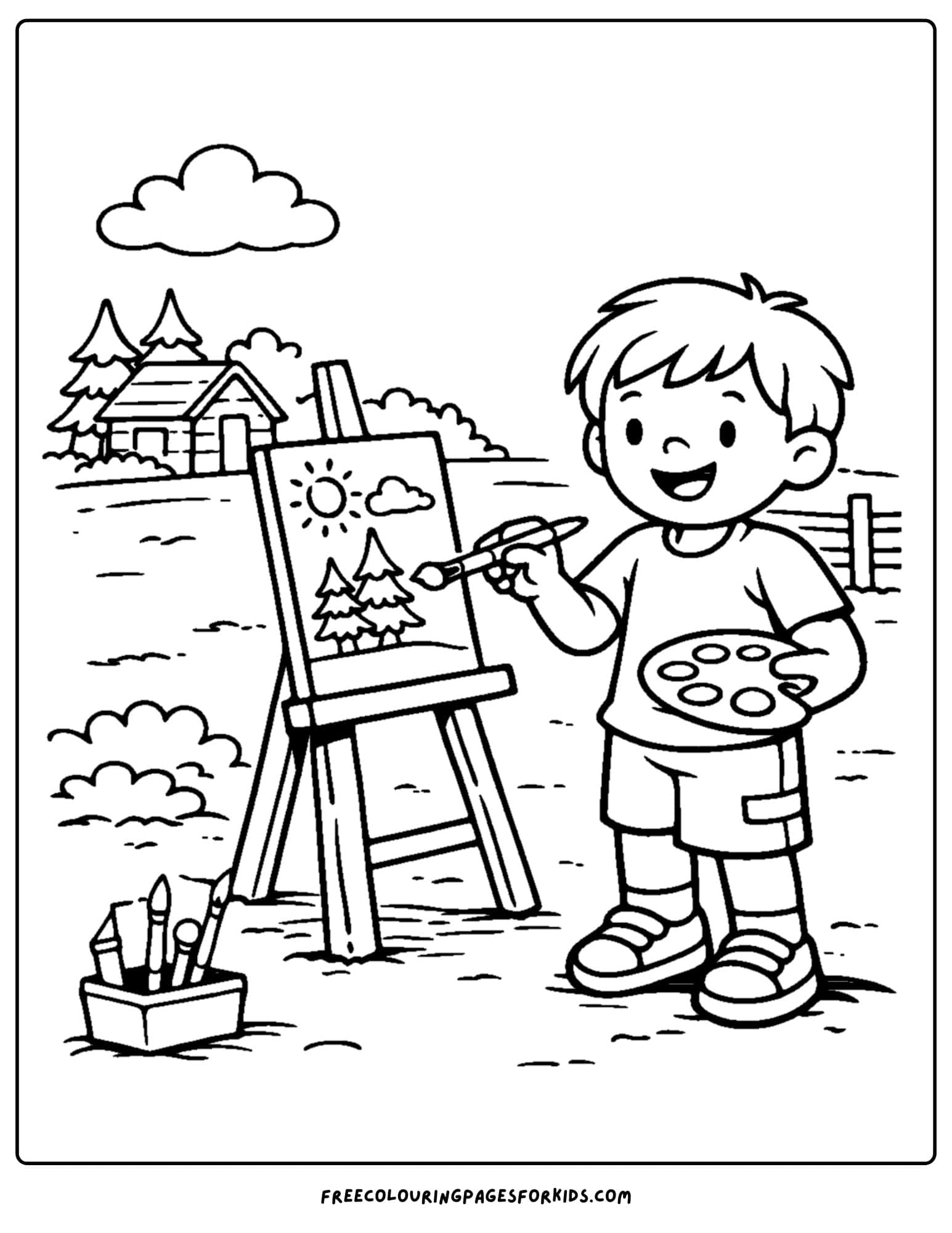 a summer camp coloring page showing a painting exercise as a child paints a picture on an easel