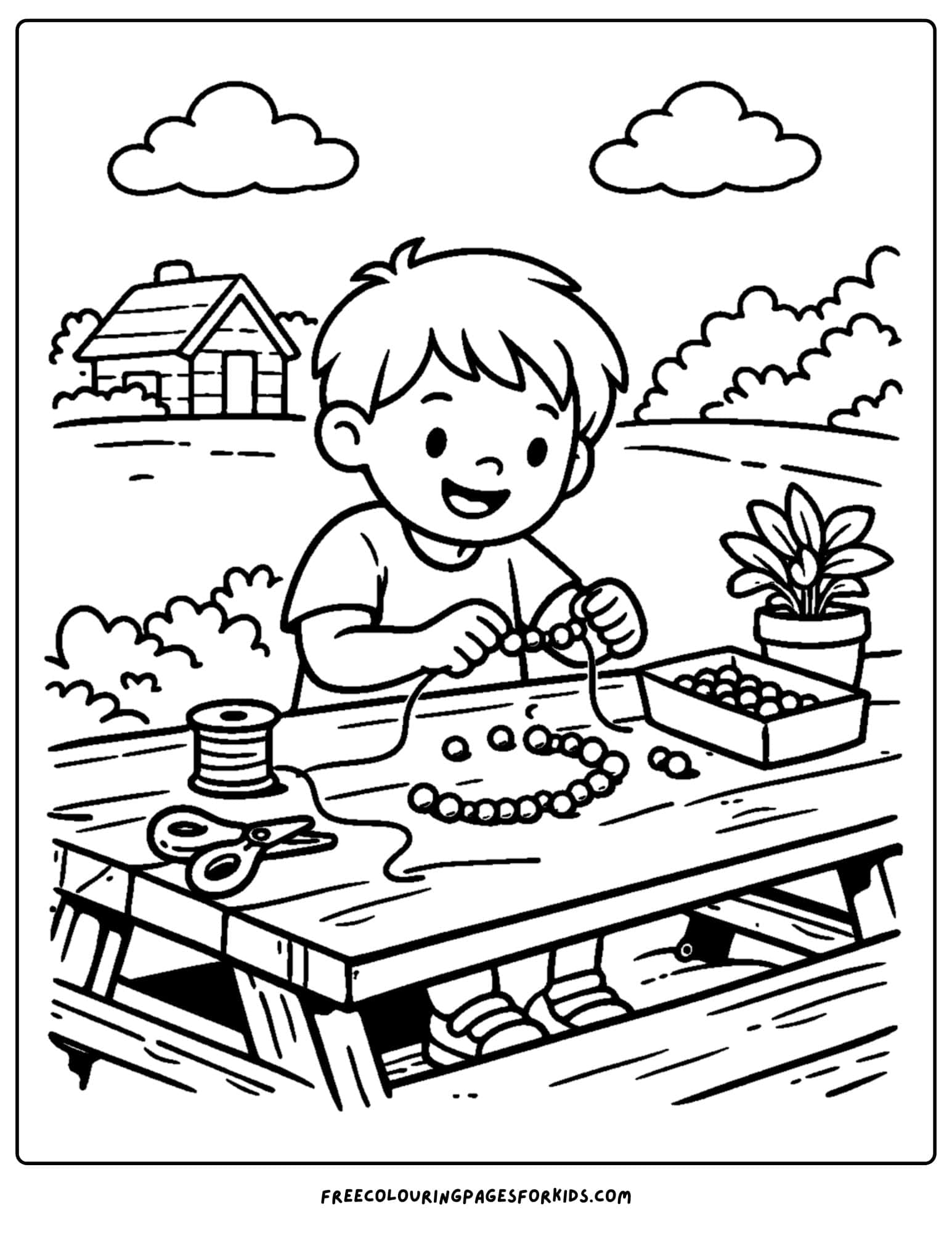 a summer camp coloring page showing a kid making friendship bracelets at a table