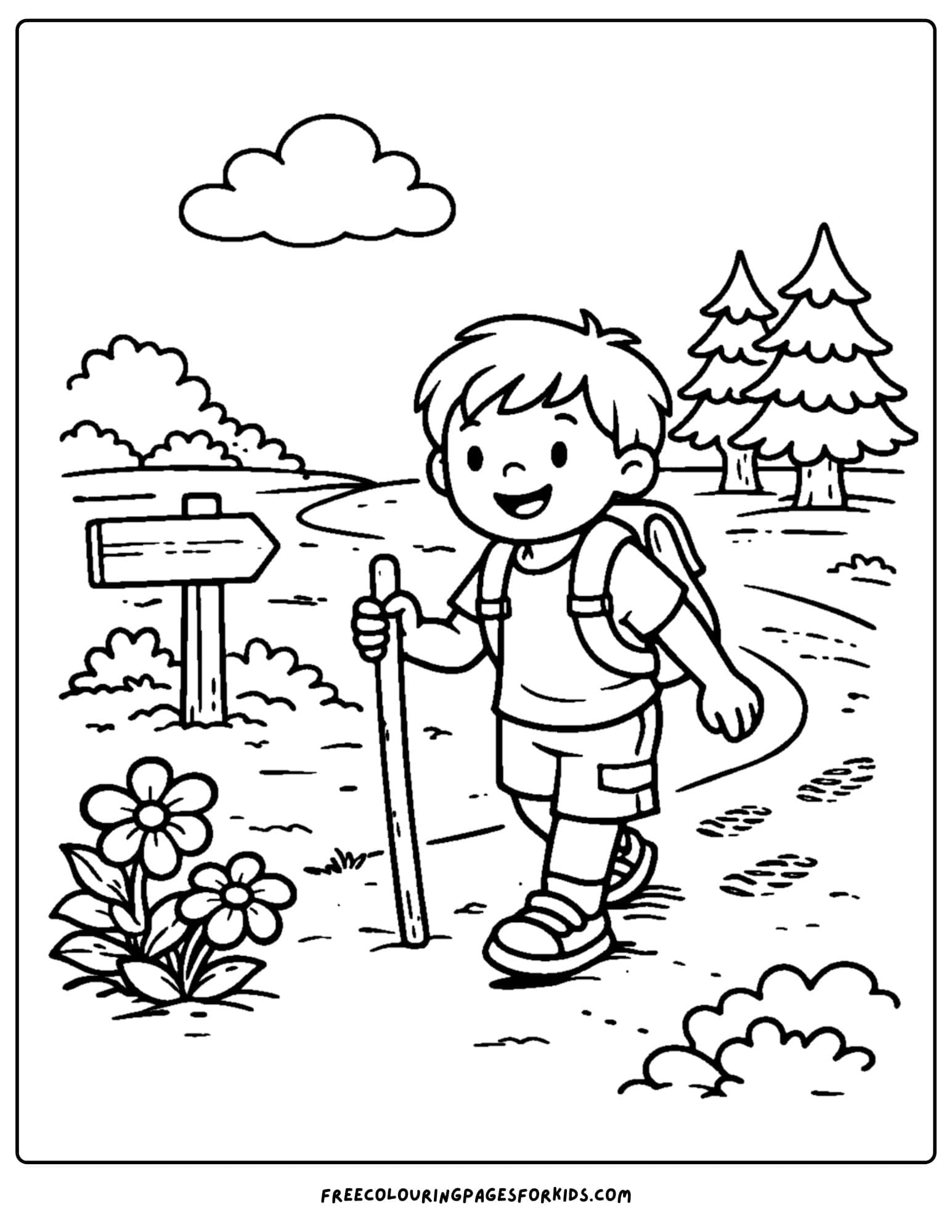 a summer camp coloring page showing a child going on a hike and holding a walking stick