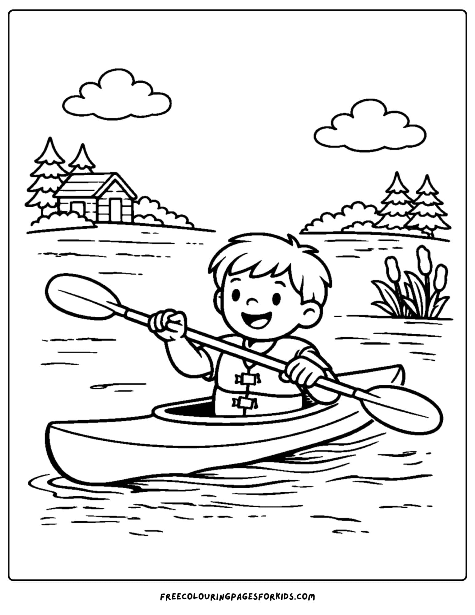 a summer camp coloring page showing a child going kayaking at camp on the lake