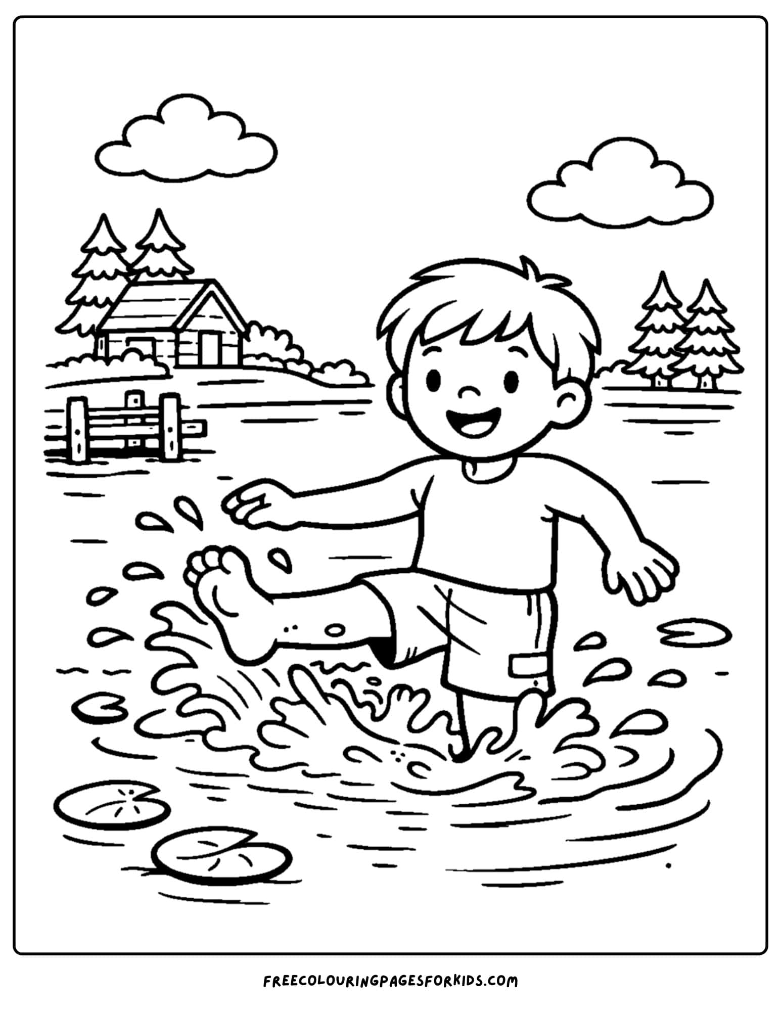 a summer camp coloring page showing fun in the water as a child gets some swimming fun time