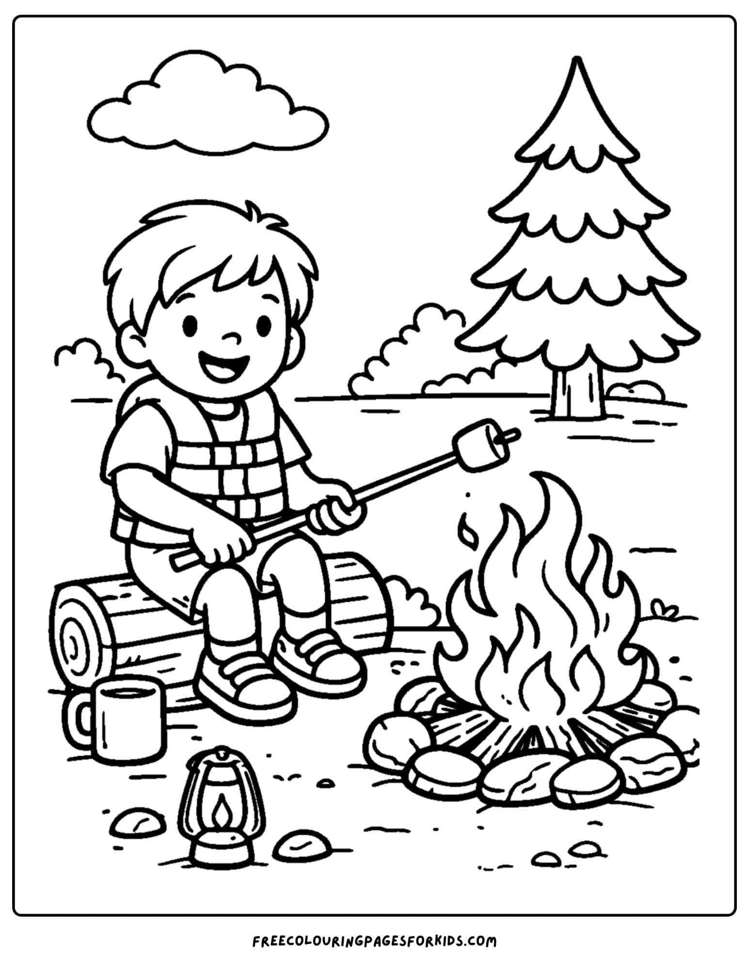 a summer camp coloring page showing a child roasting marshmallows over a campfire at night
