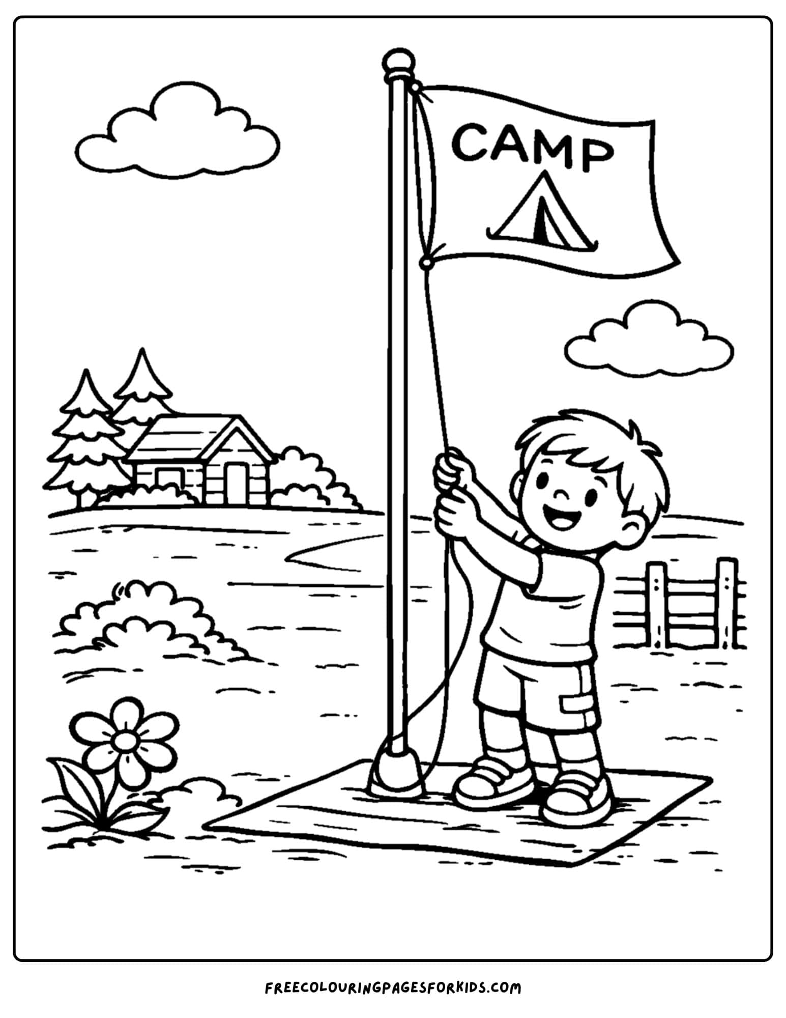 a summer camp coloring page showing a child raising the camp flag on the flag pole in the morning