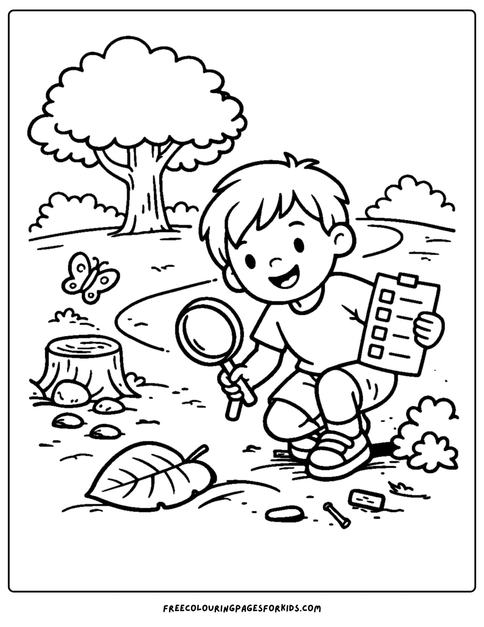 a summer camp coloring page showing a nature scavenger hunt where a child has a list and is finding items on it