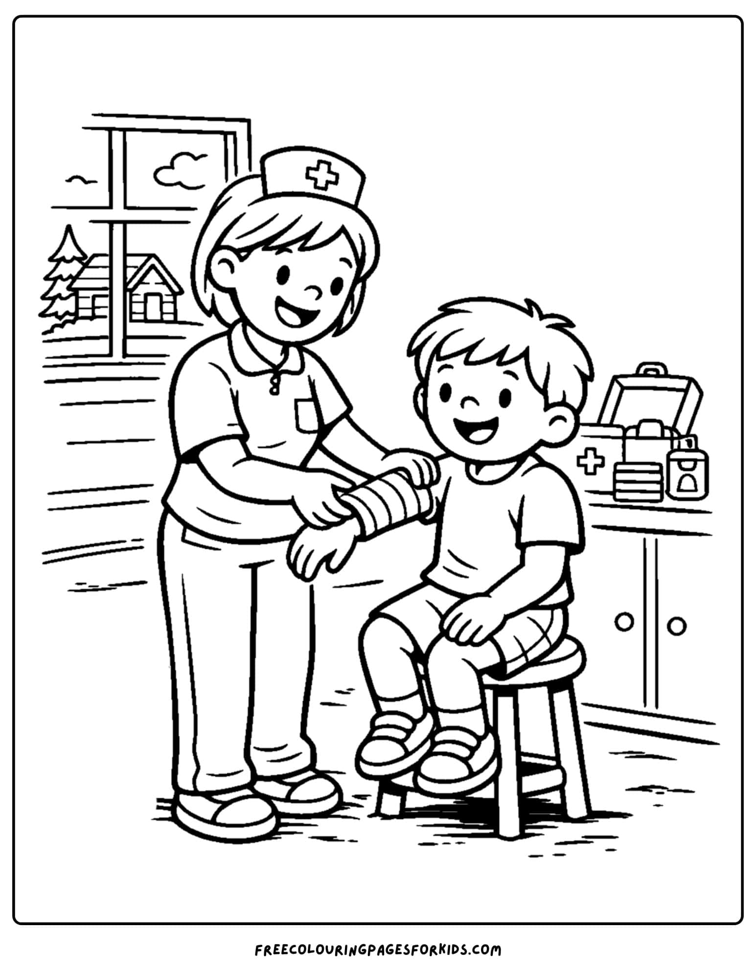 a summer camp coloring page showing a child visiting the camp nurse to have their arm bandaged