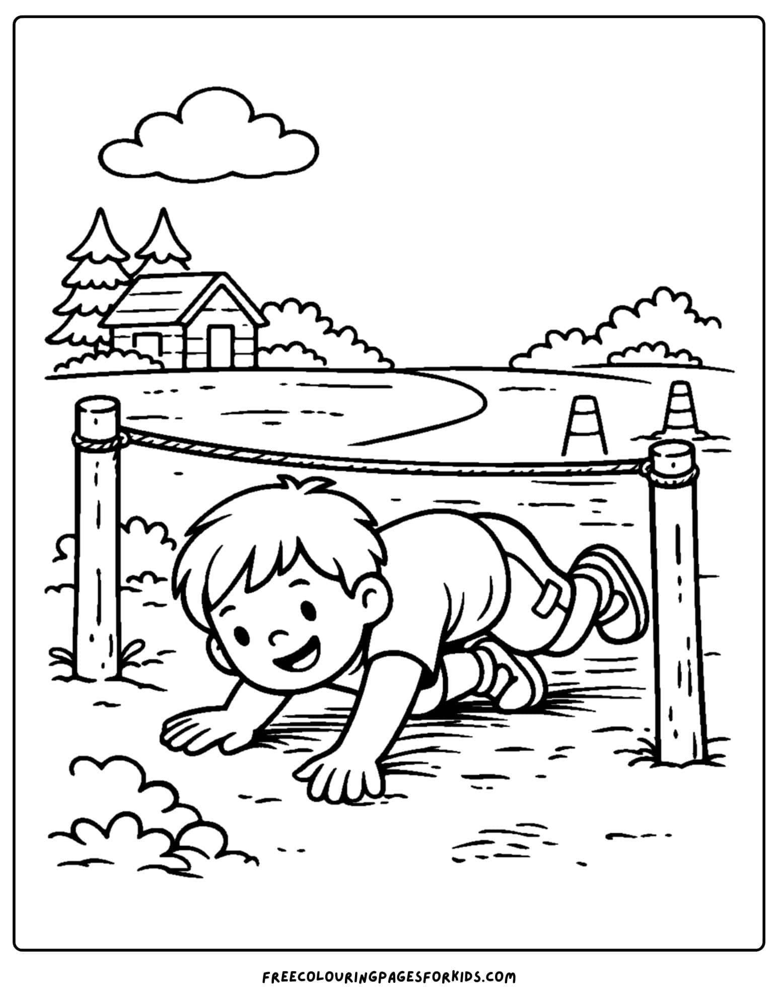 a summer camp coloring page showing a camp obstacle course in action as a child crawls under a rope