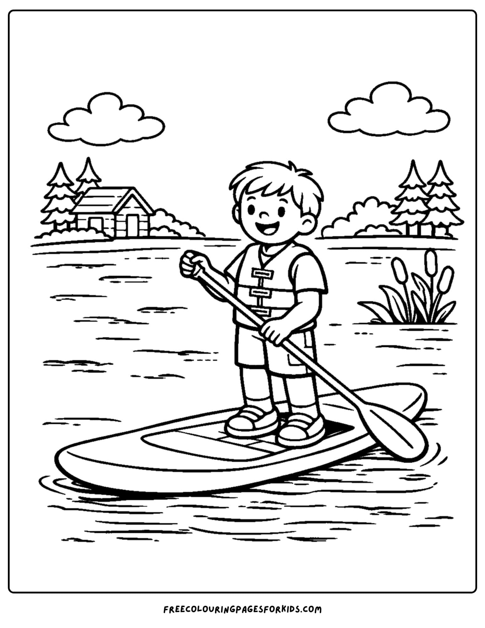 a summer camp coloring page showing a child on a stand up paddle board on the lake