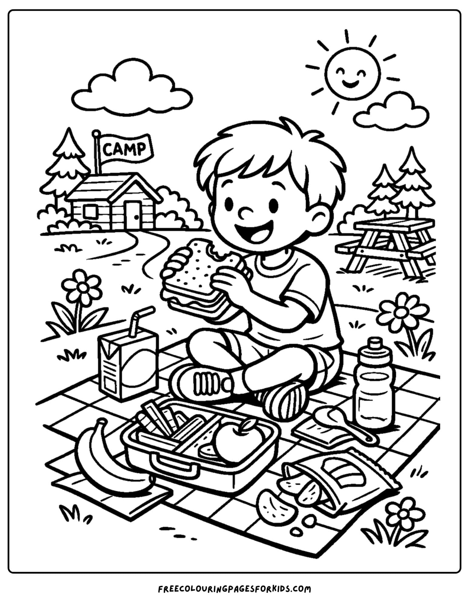 a summer camp coloring page showing a picnic lunch at camp