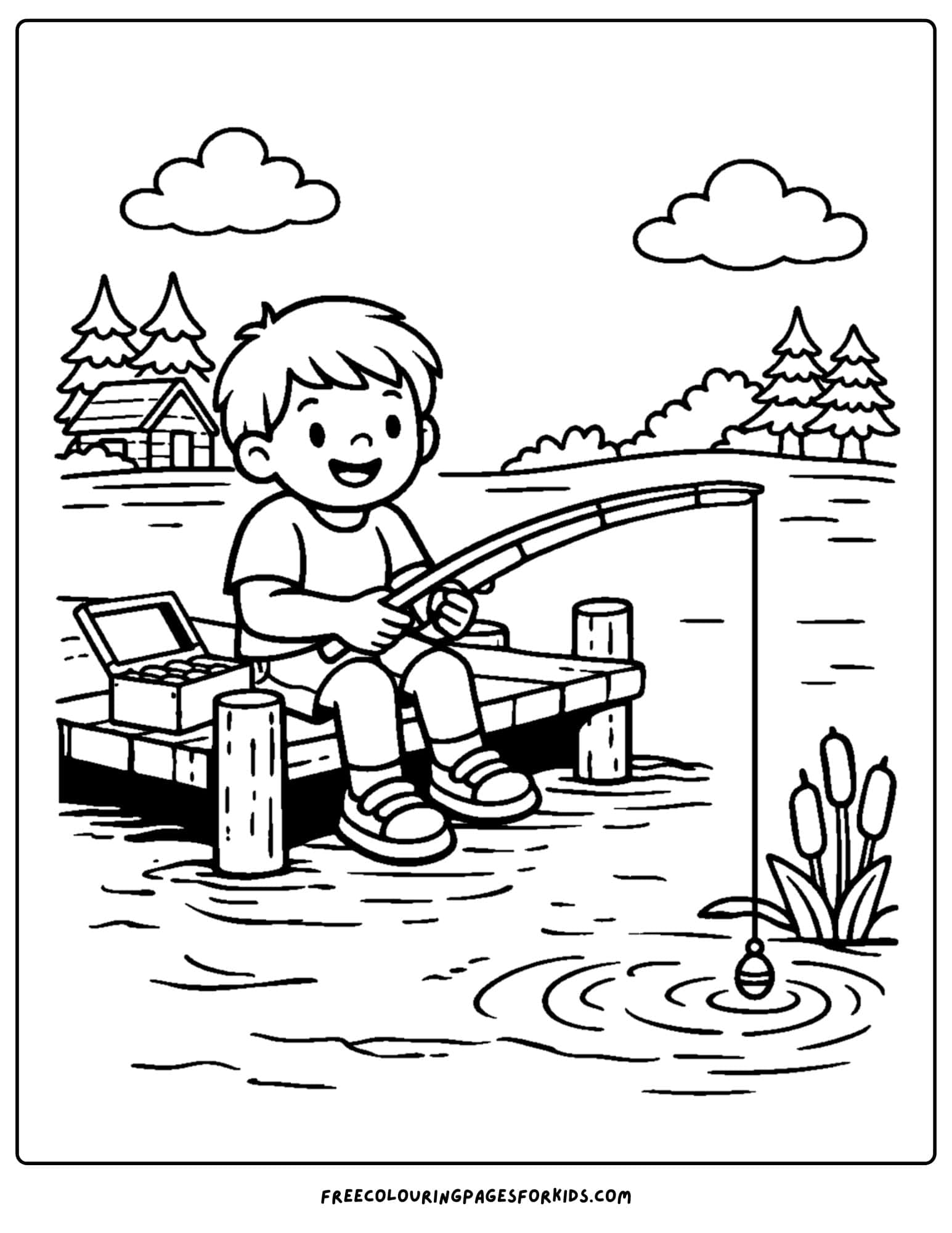 a summer camp coloring page showing a child fishing off a pier at camp