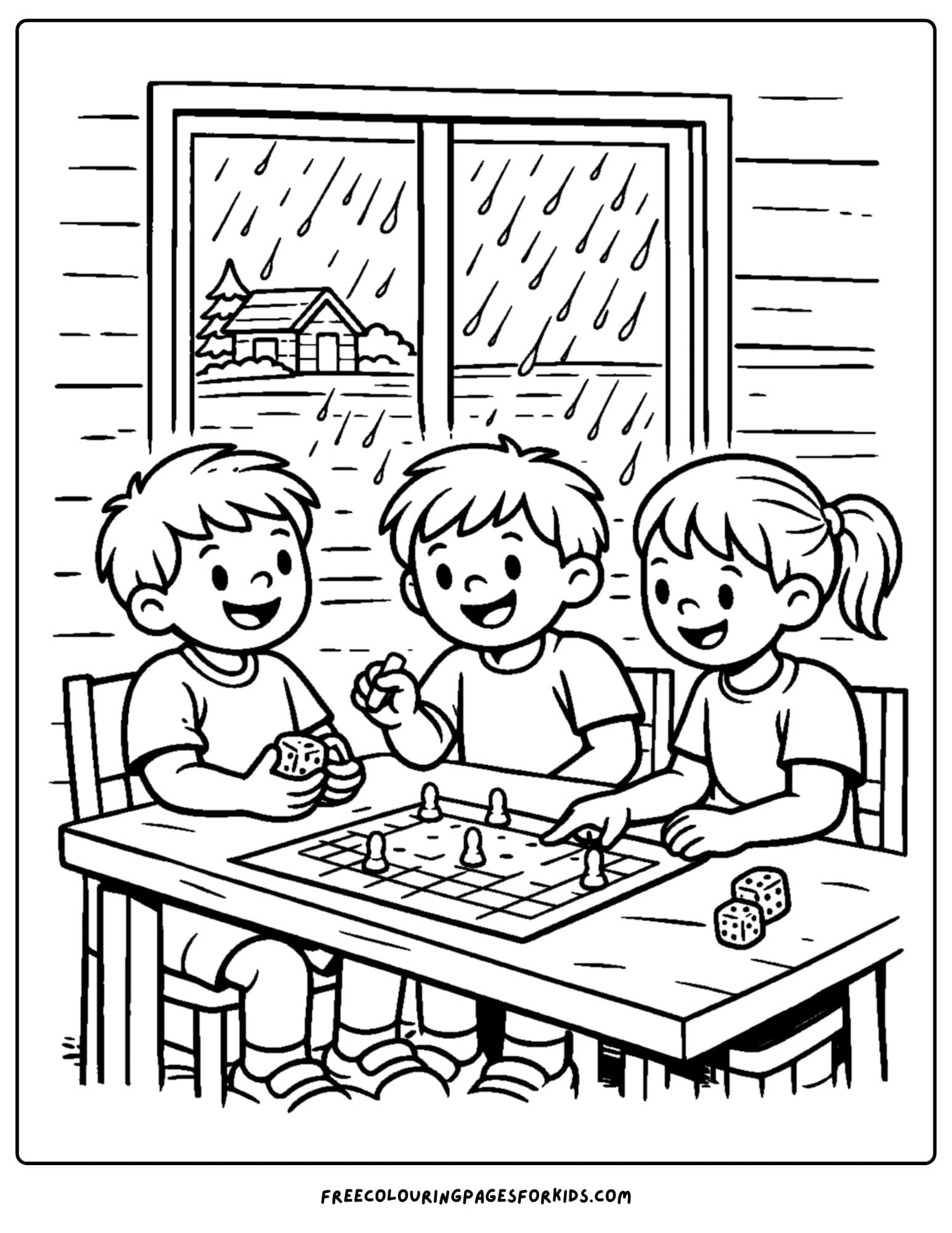 a summer camp coloring page showing kids playing board games on a rainy day at camp