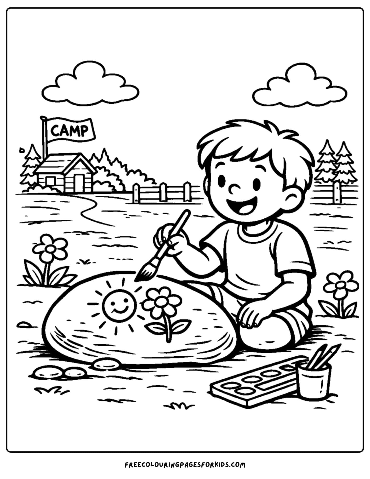 a summer camp coloring page showing a fun rock painting activity at camp