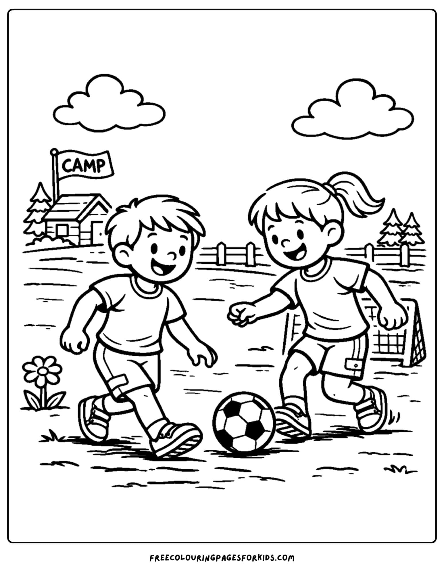 a summer camp coloring page showing a camp soccer game amongst children