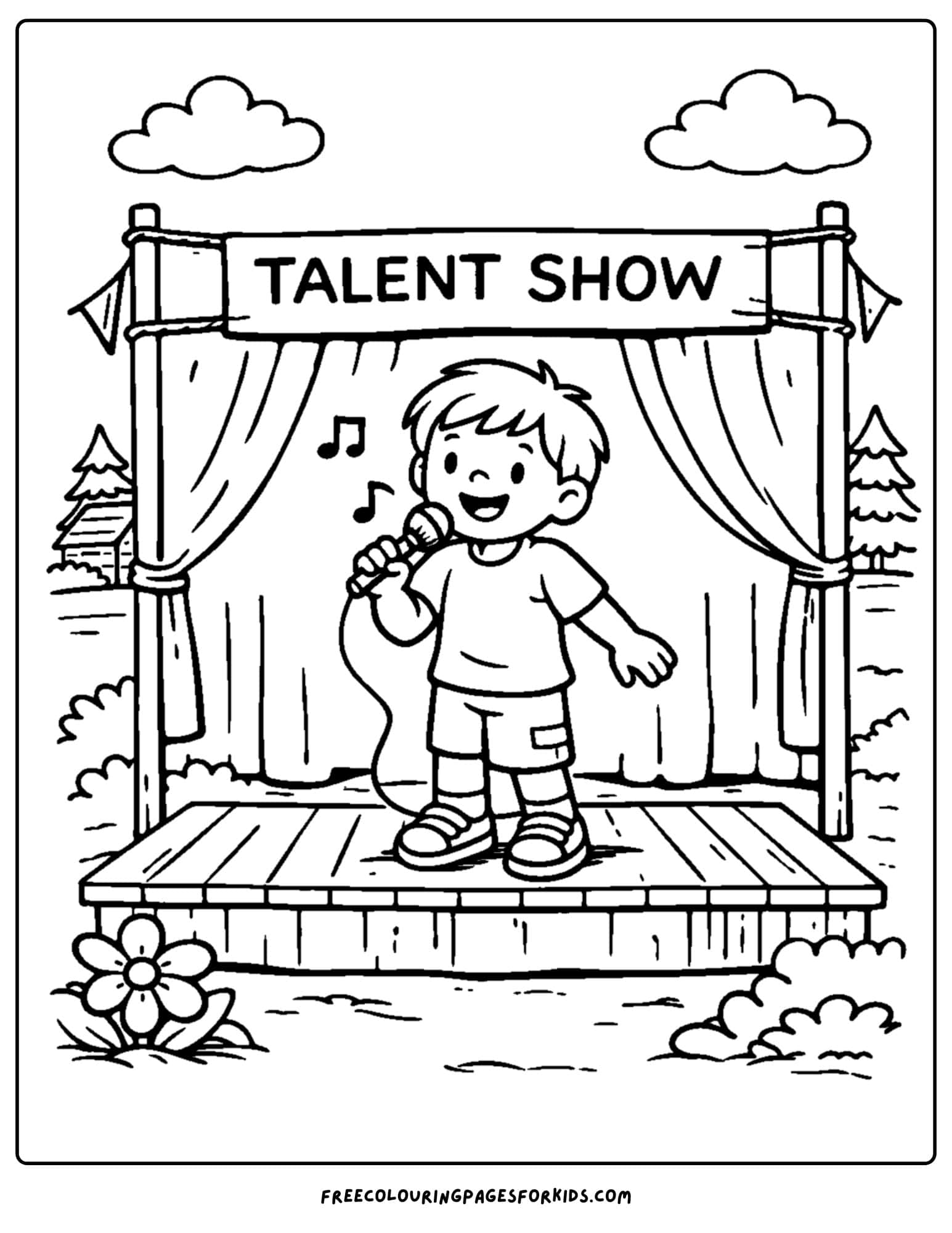 a summer camp coloring page showing a camp talent show with a child singing on stage
