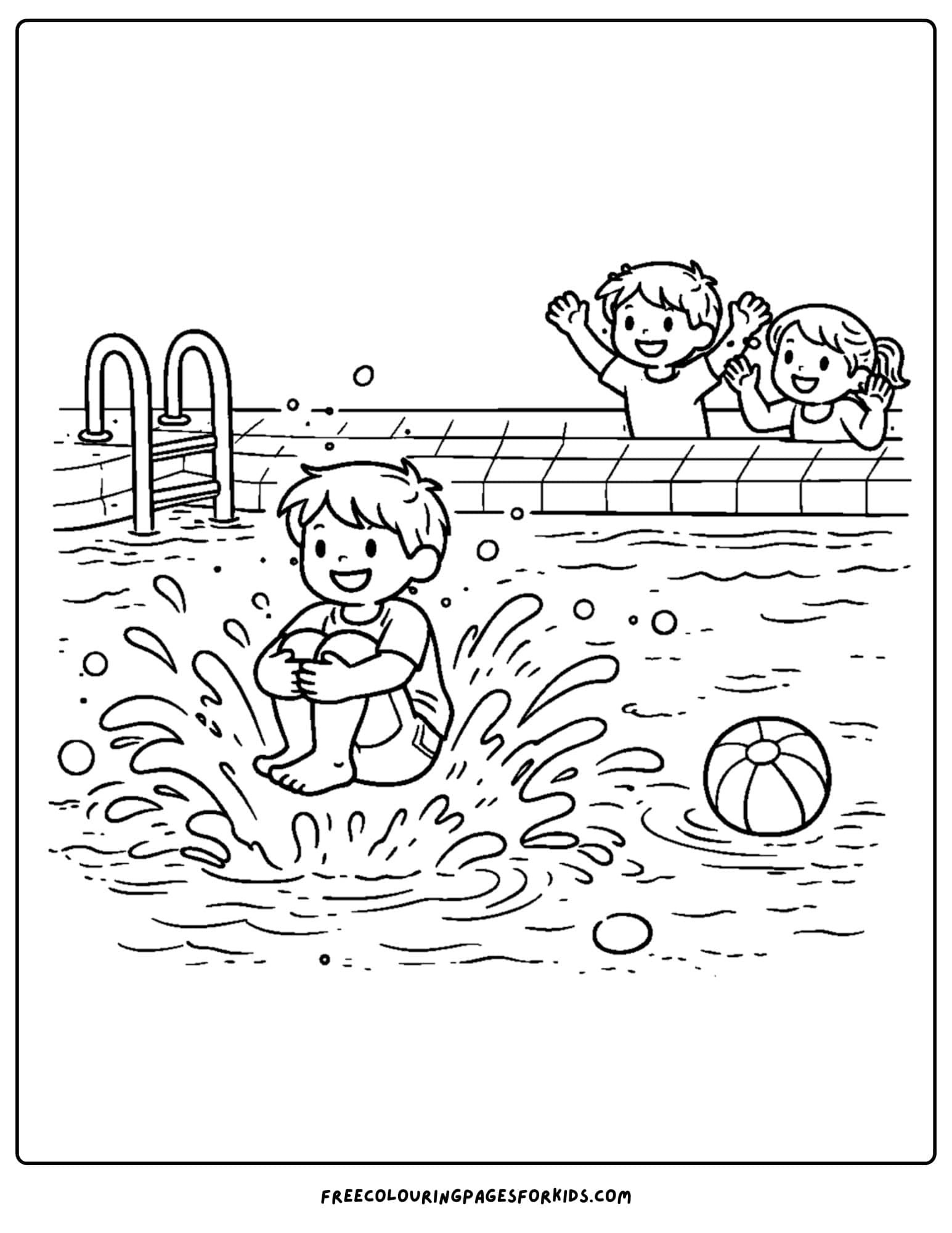 a summer theme coloring page of a child cannonballing into the pool while friends watch