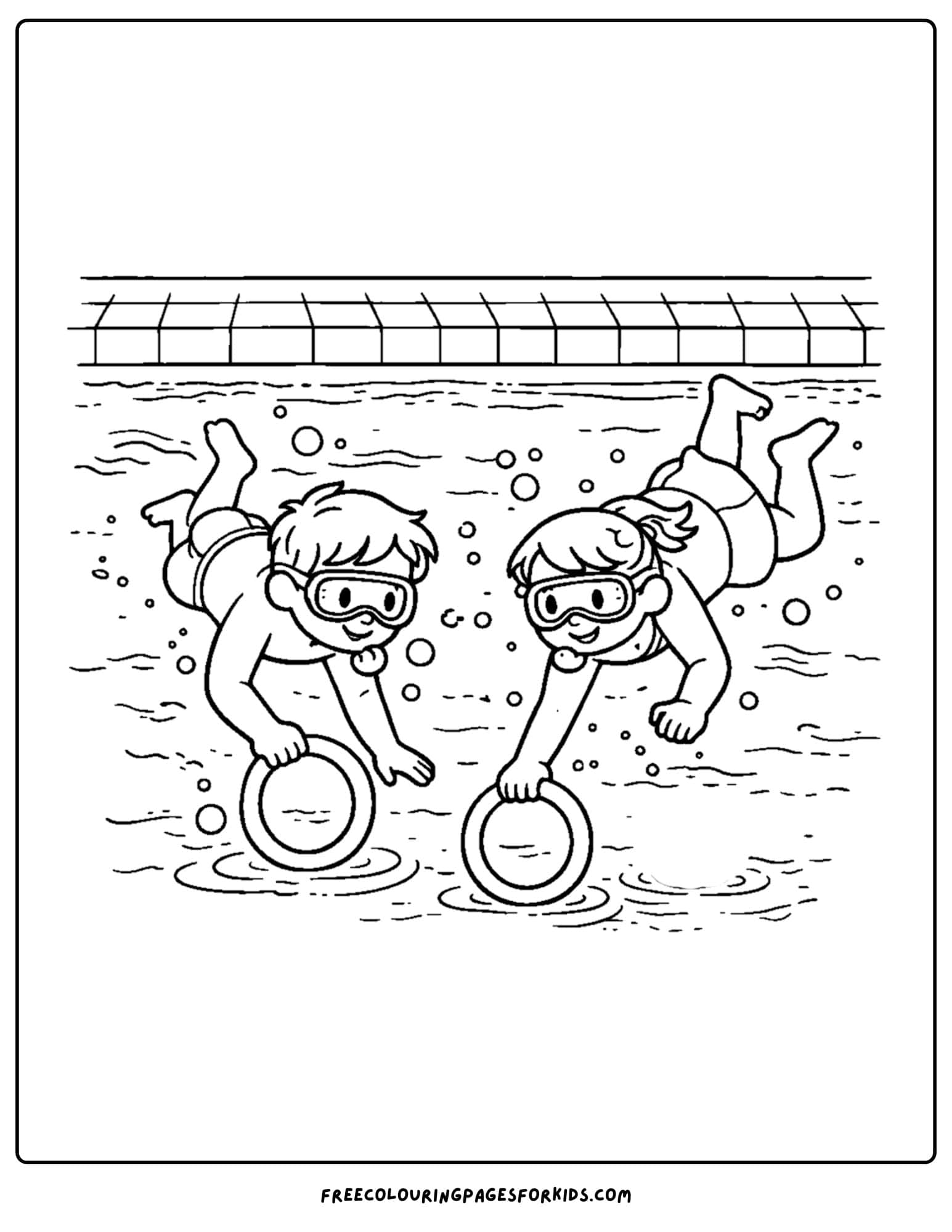 a summer theme coloring page of kids diving down to collect rings from the bottom of a pool