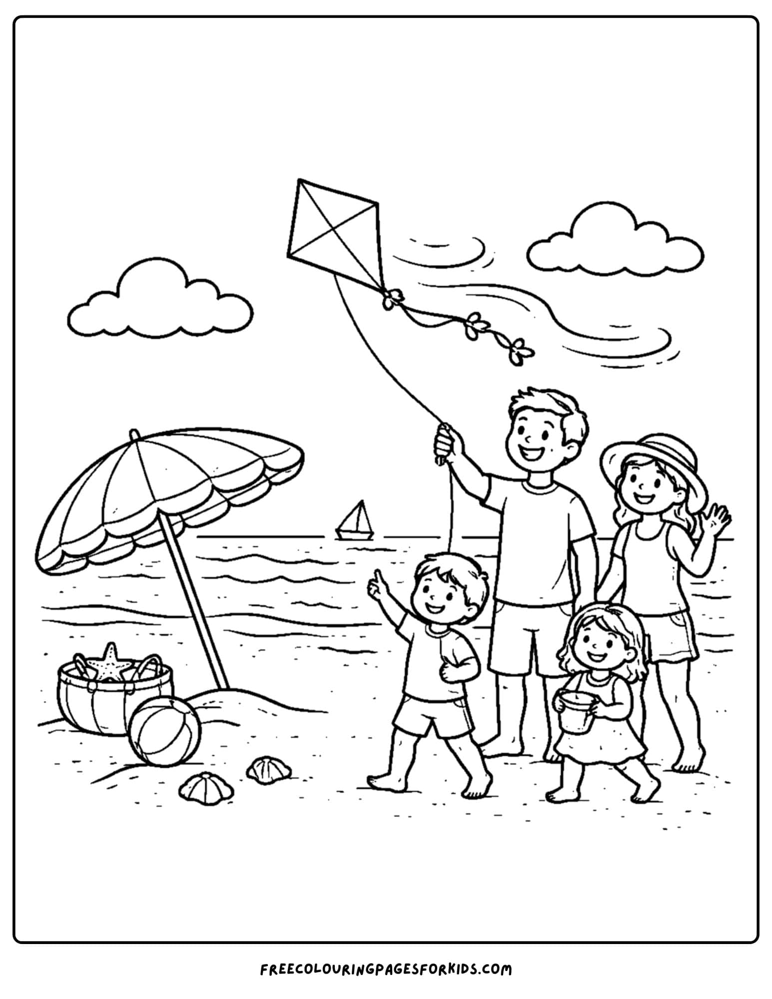 a summer theme coloring page of a family at the beach flying a kite