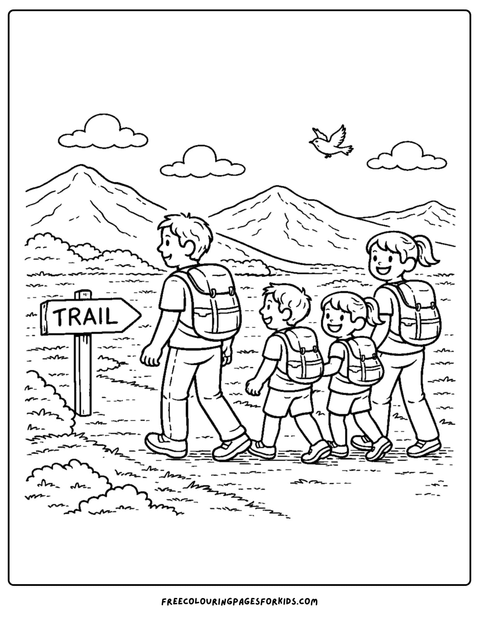 a summer theme coloring page of a family going on a hike