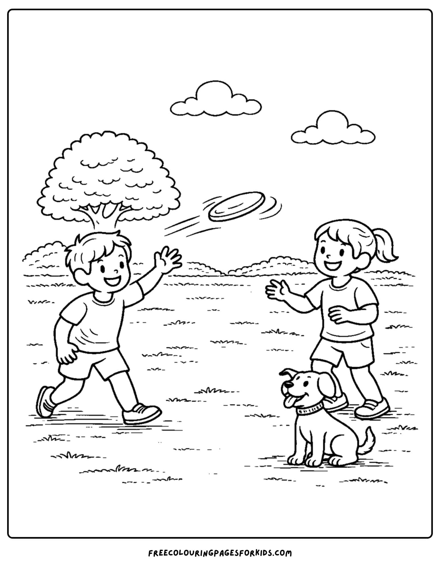 a summer theme coloring page of kids throwing a frisbee to each other in the park