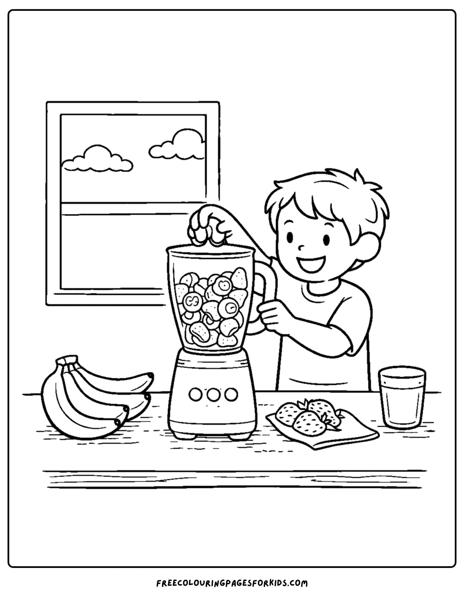 a summer theme coloring page of a a child making a fruit smoothie at home
