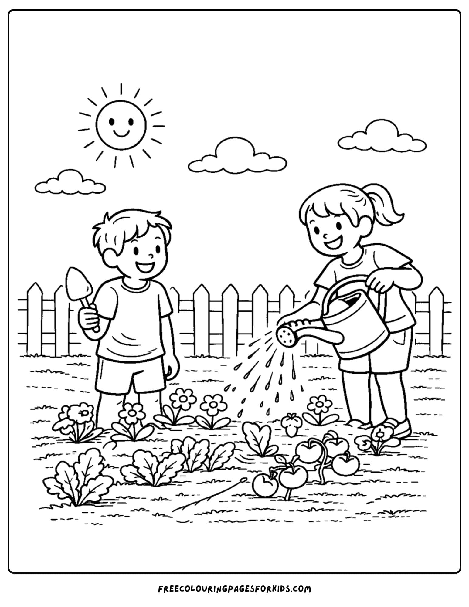 a summer theme coloring page of kids watering the garden
