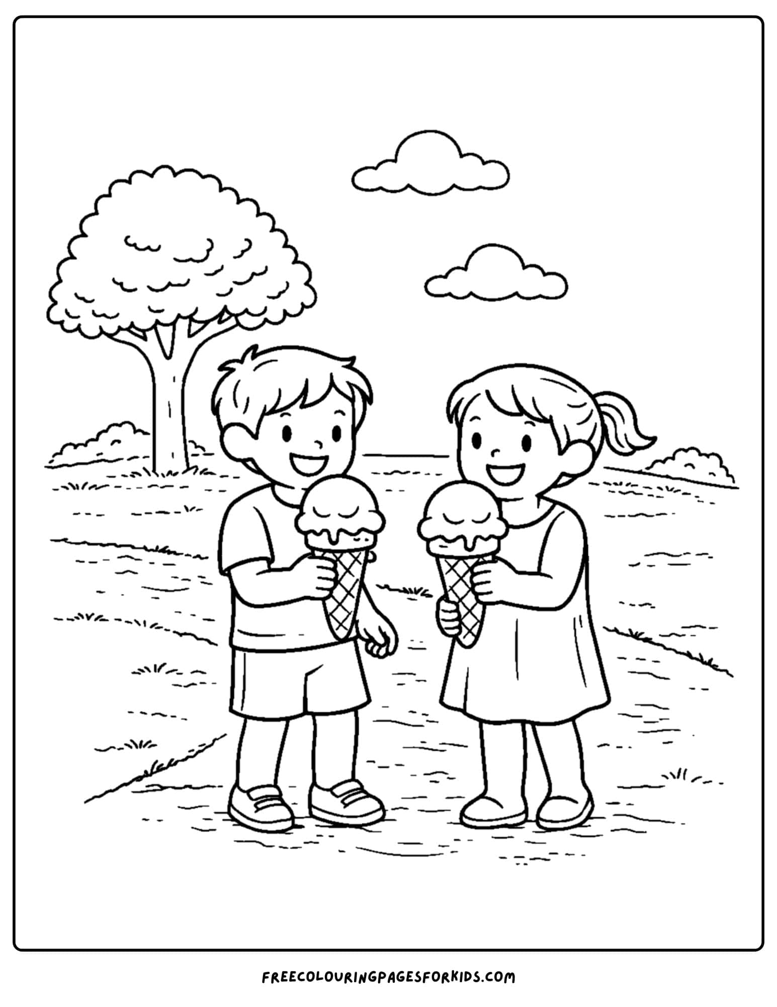 a summer theme coloring page of two kids eating big ice creams in the park