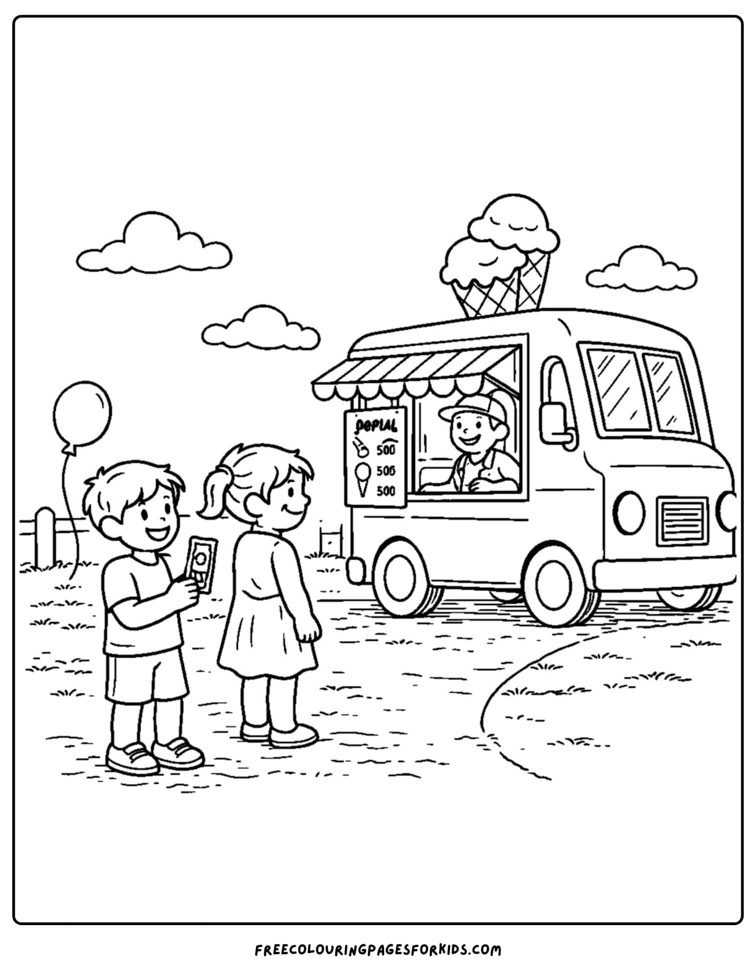 a summer theme coloring page of an ice cream truck and kids waiting to buy ice cream