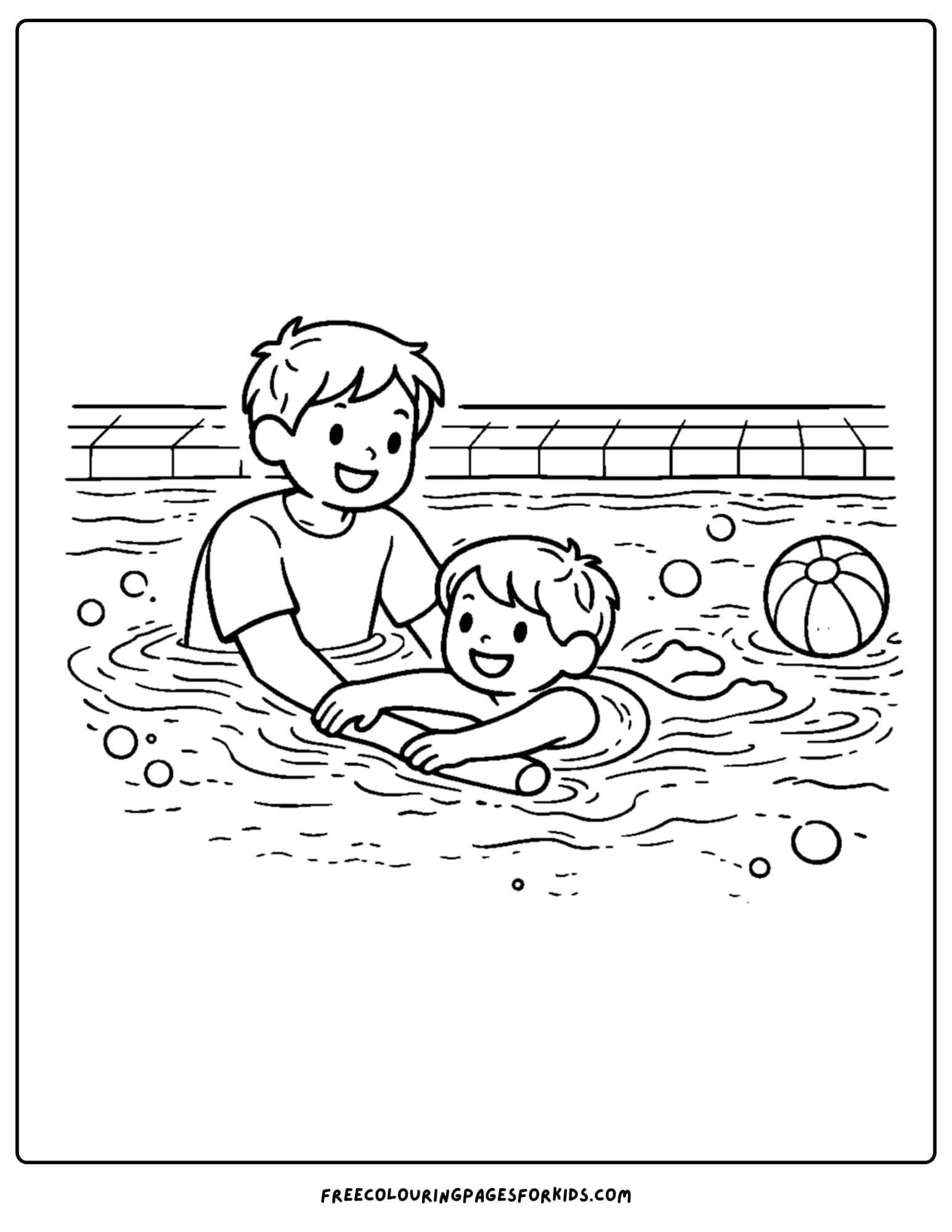a summer theme coloring page of a child leaning to swim