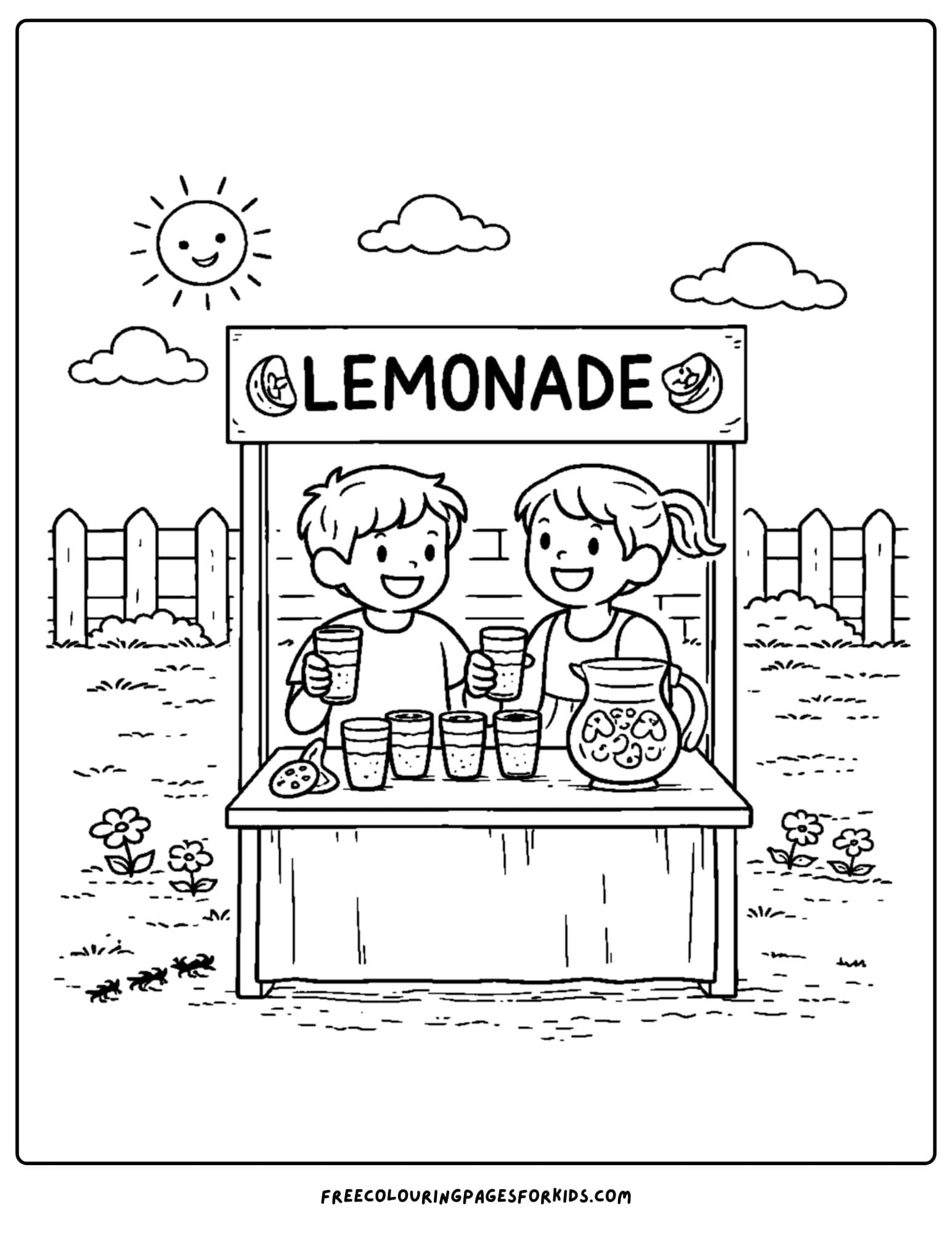 a summer theme coloring page of kids running a lemonade stand