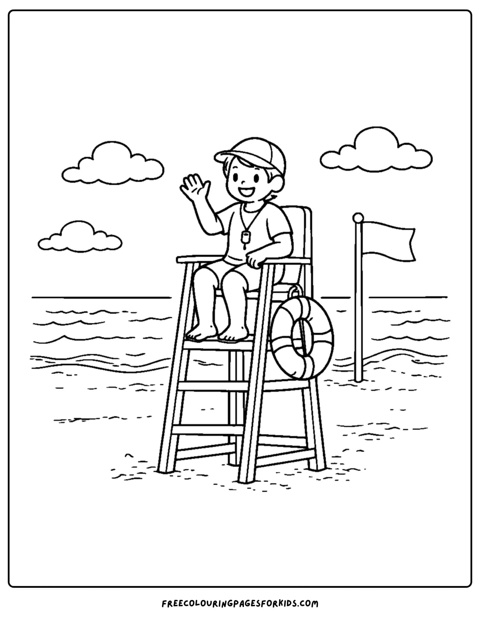 a summer theme coloring page of a lifeguard sitting in a chair watching swimmers at the beach