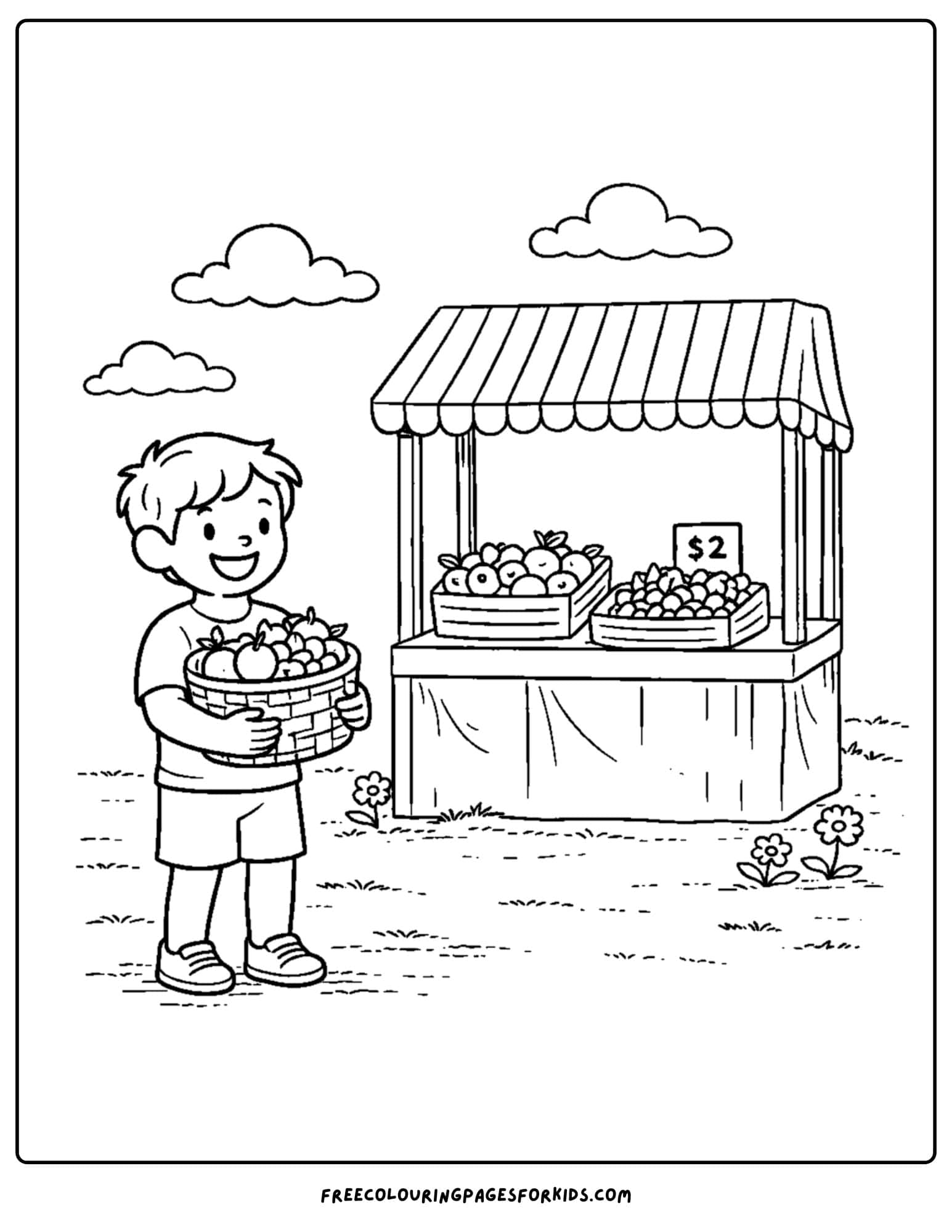 a summer theme coloring page of a fruit market stall