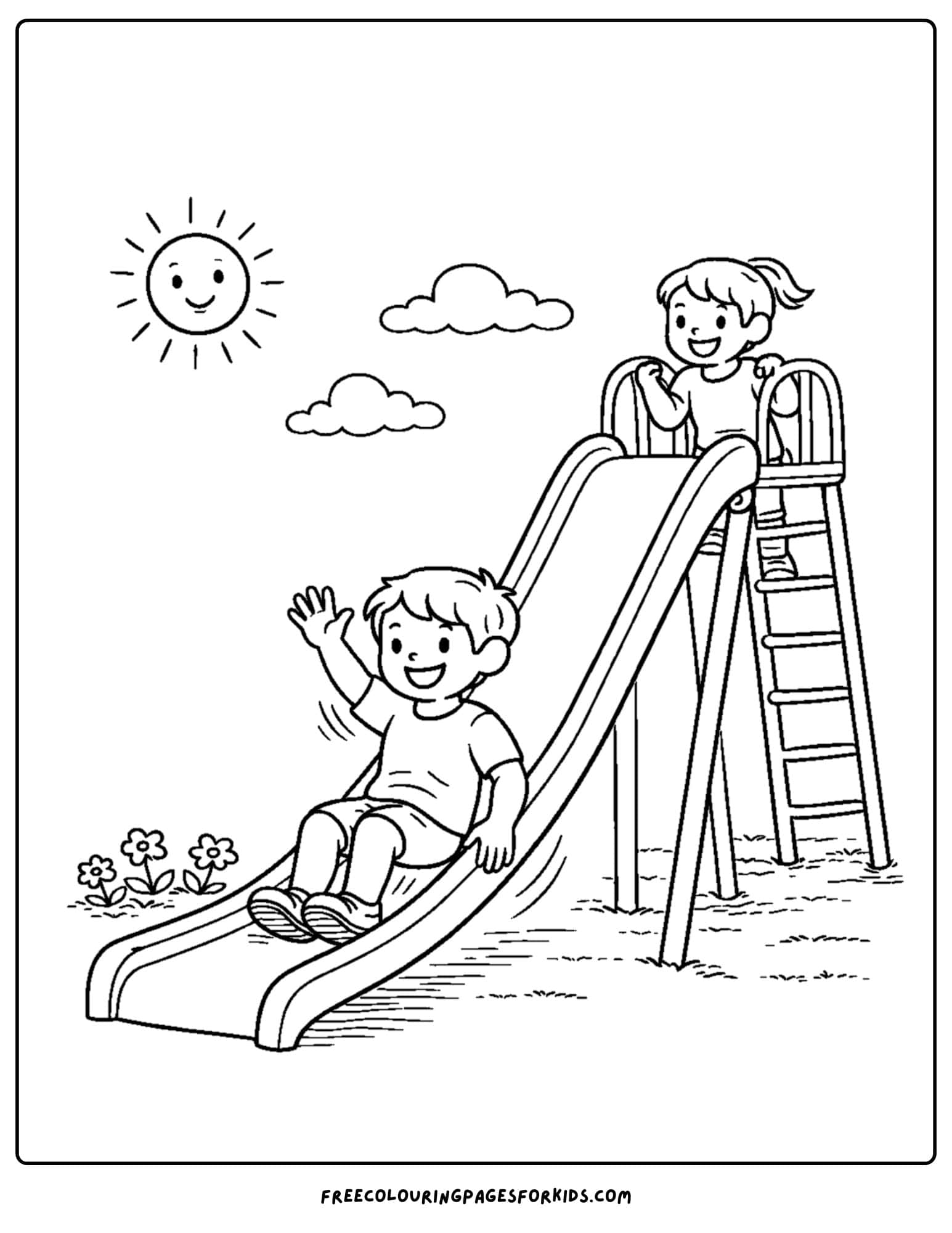 a summer theme coloring page of kids going down a big slide