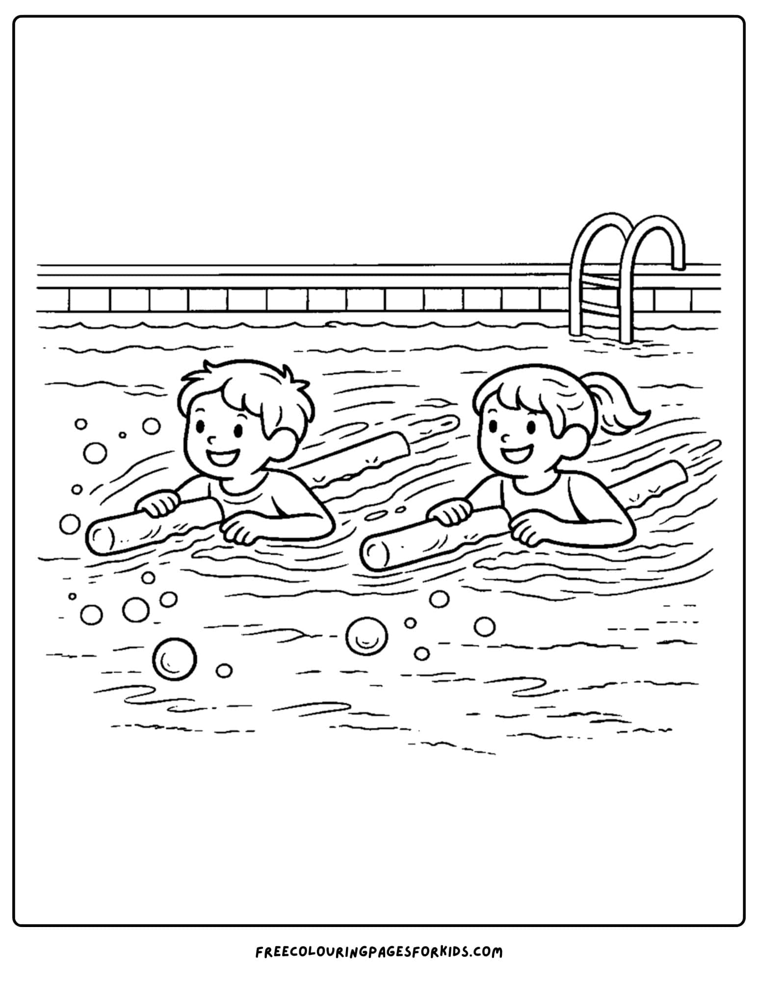 a summer theme coloring page of a kids swimming with pool noodles