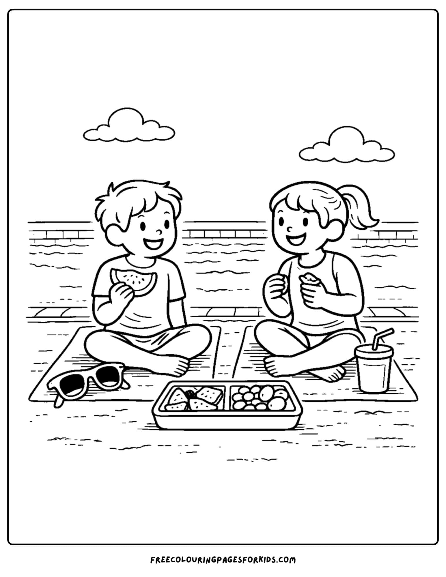 a summer theme coloring page of kids having a picnic beside the pool