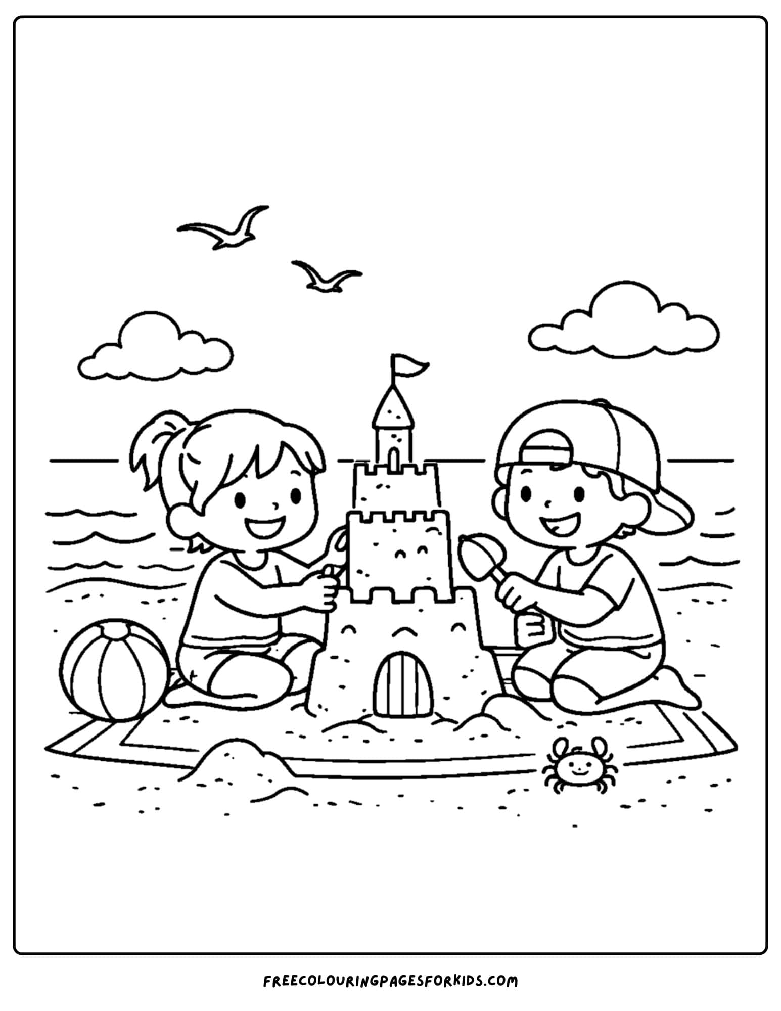a summer theme coloring page of kids making a sandcastle at the beach