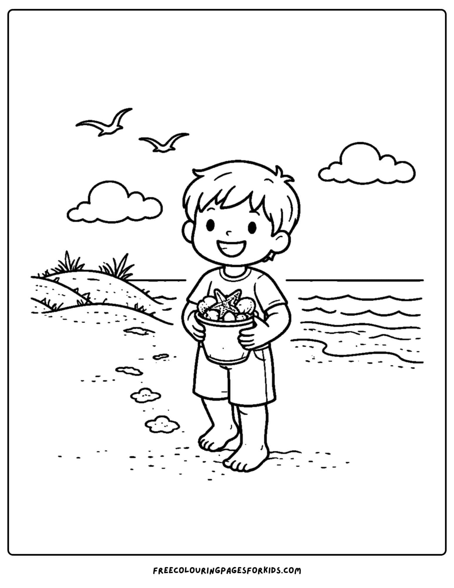 a summer theme coloring page of a child with a bucket of shells collected at the beach