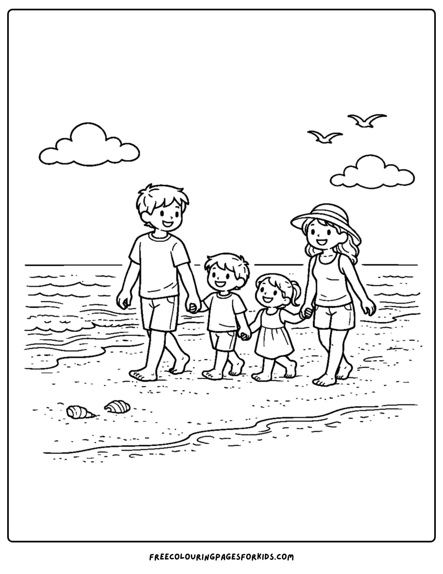 a summer theme coloring page of a family walking along the beach shoreline
